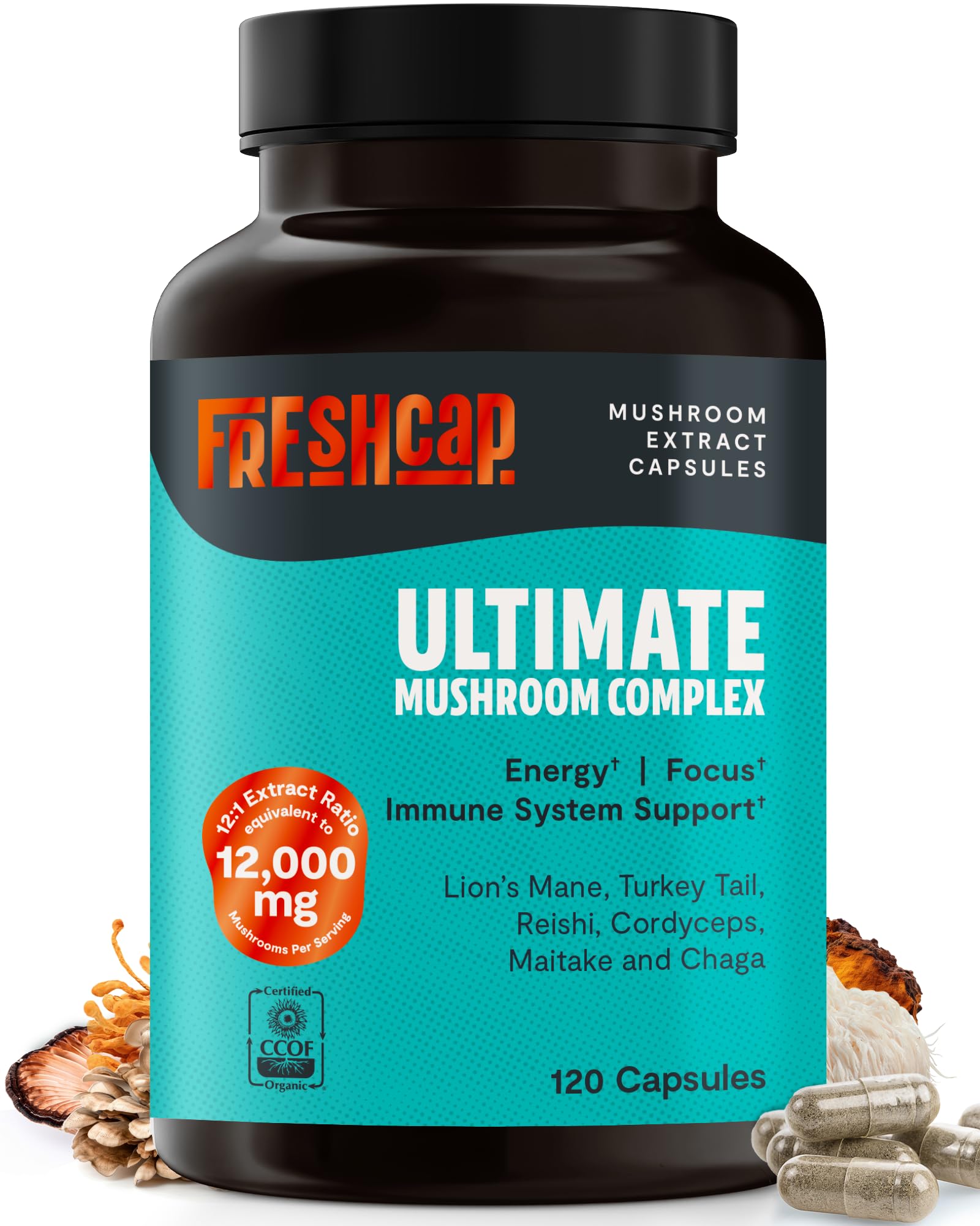 FreshCap Mushrooms: bouteille de capsules, soutien énergétique naturel au quotidien.