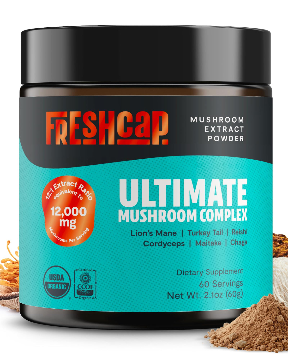 FreshCap Mushrooms montre la bouteille et l'étiquette pour une dose pratique.