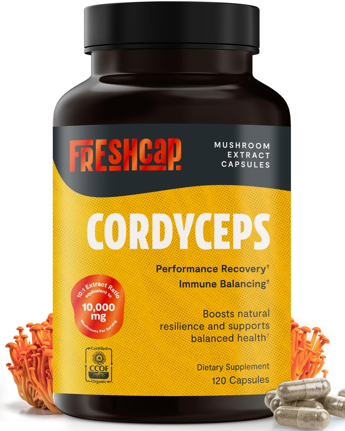 FreshCap Mushrooms Cordyceps, capsules 10000 mg, énergie naturelle et vitalité.