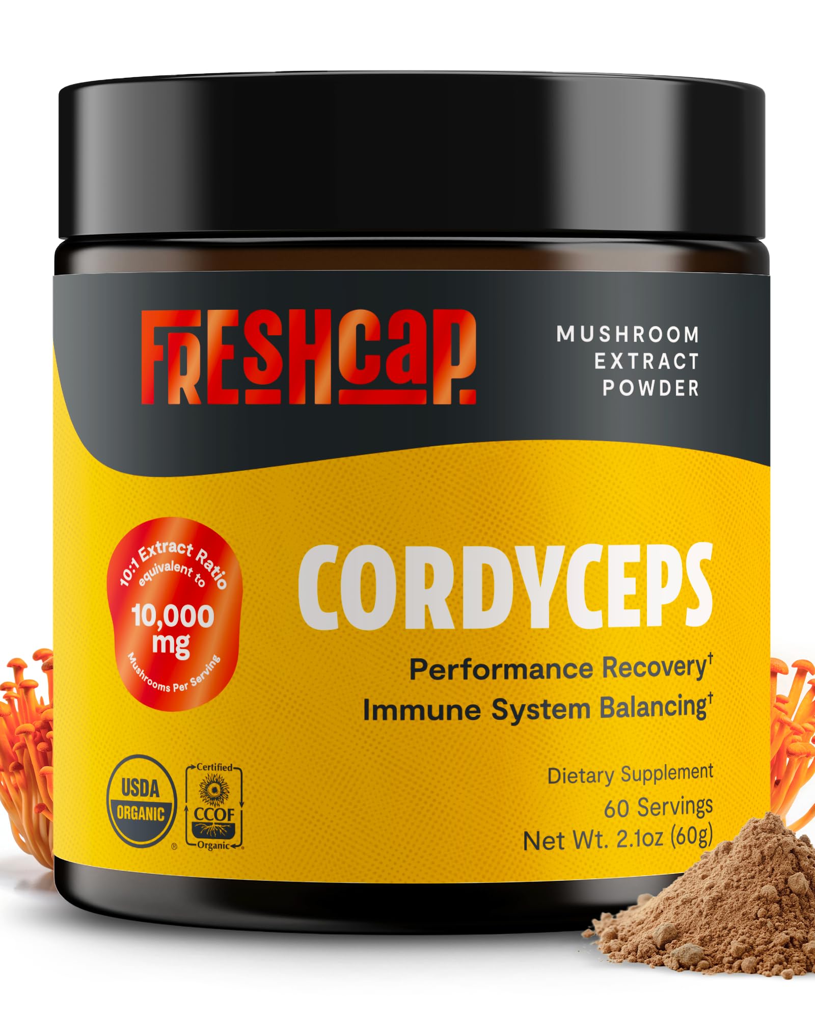 FreshCap Mushrooms Cordyceps en flacon-poudre, énergie naturelle durable.