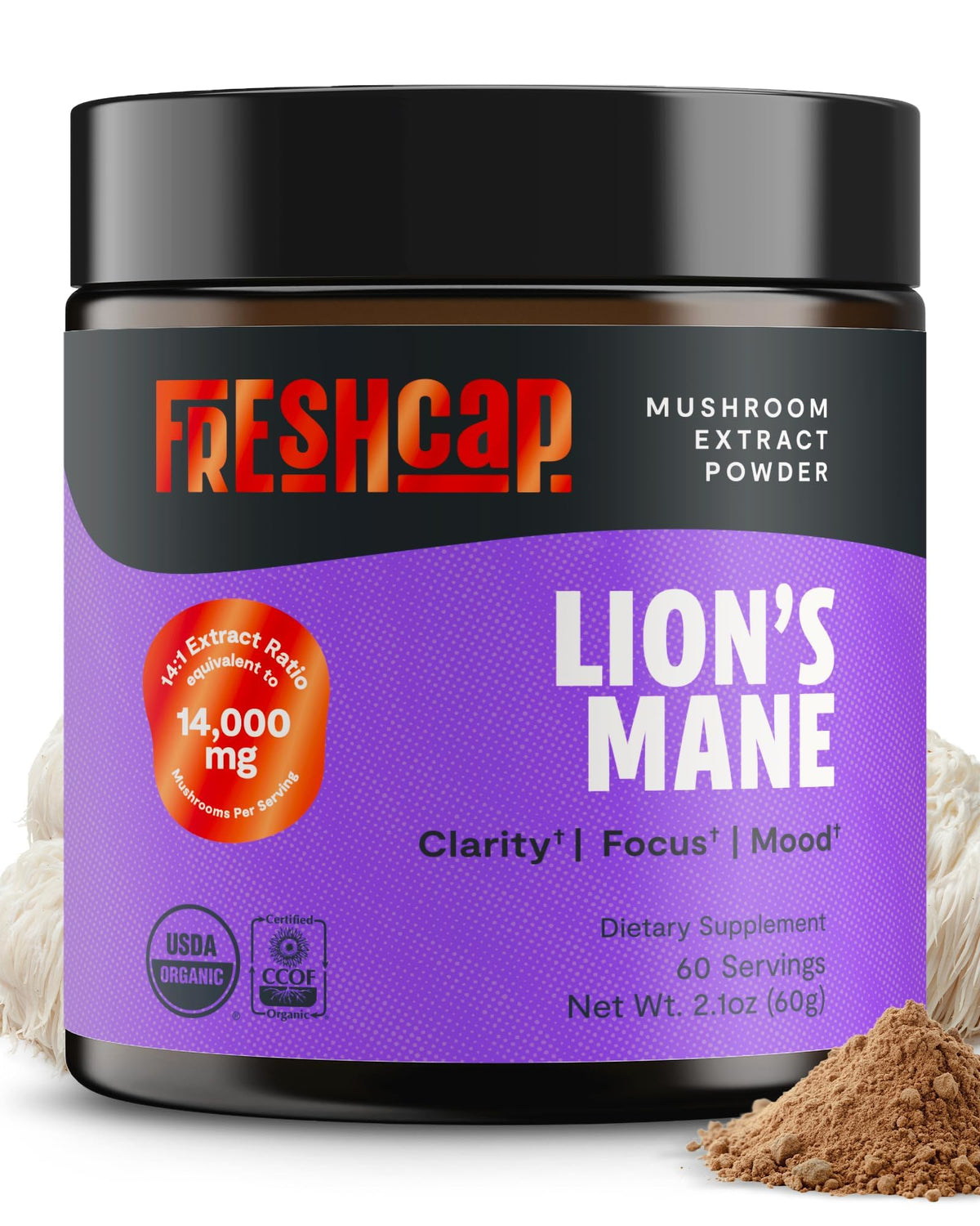 FreshCap Mushrooms criniere-de-lion poudre bouteille, concentration soutenue.