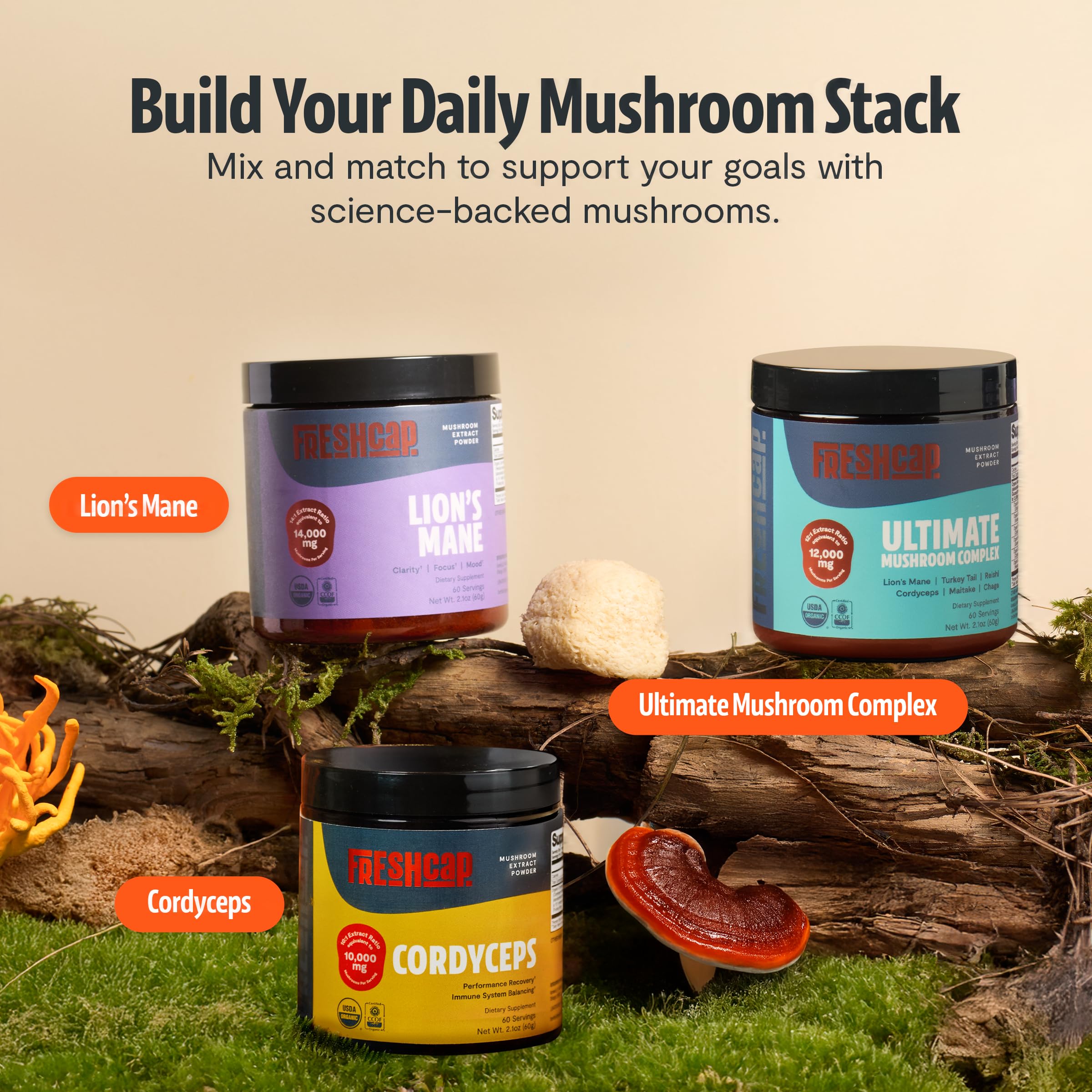 Ingrédients entiers: poudre cordyceps FreshCap Mushrooms pour vitalité naturelle.