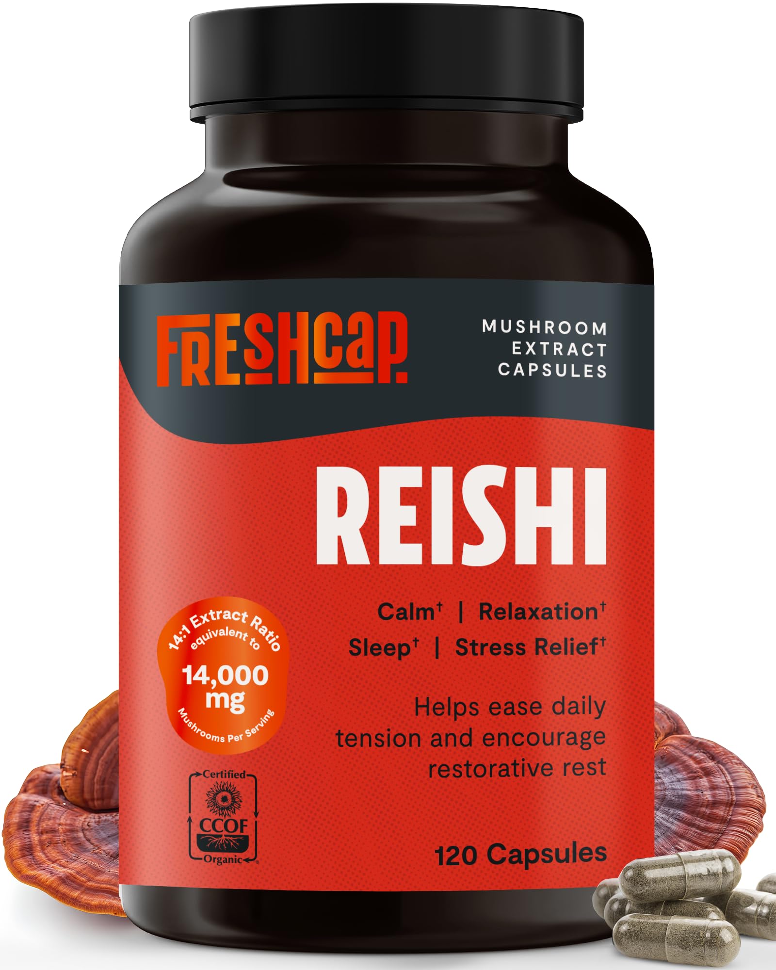 FreshCap Reishi - Bouteille de capsules faciles à prendre pour le bien-être quotidien.
