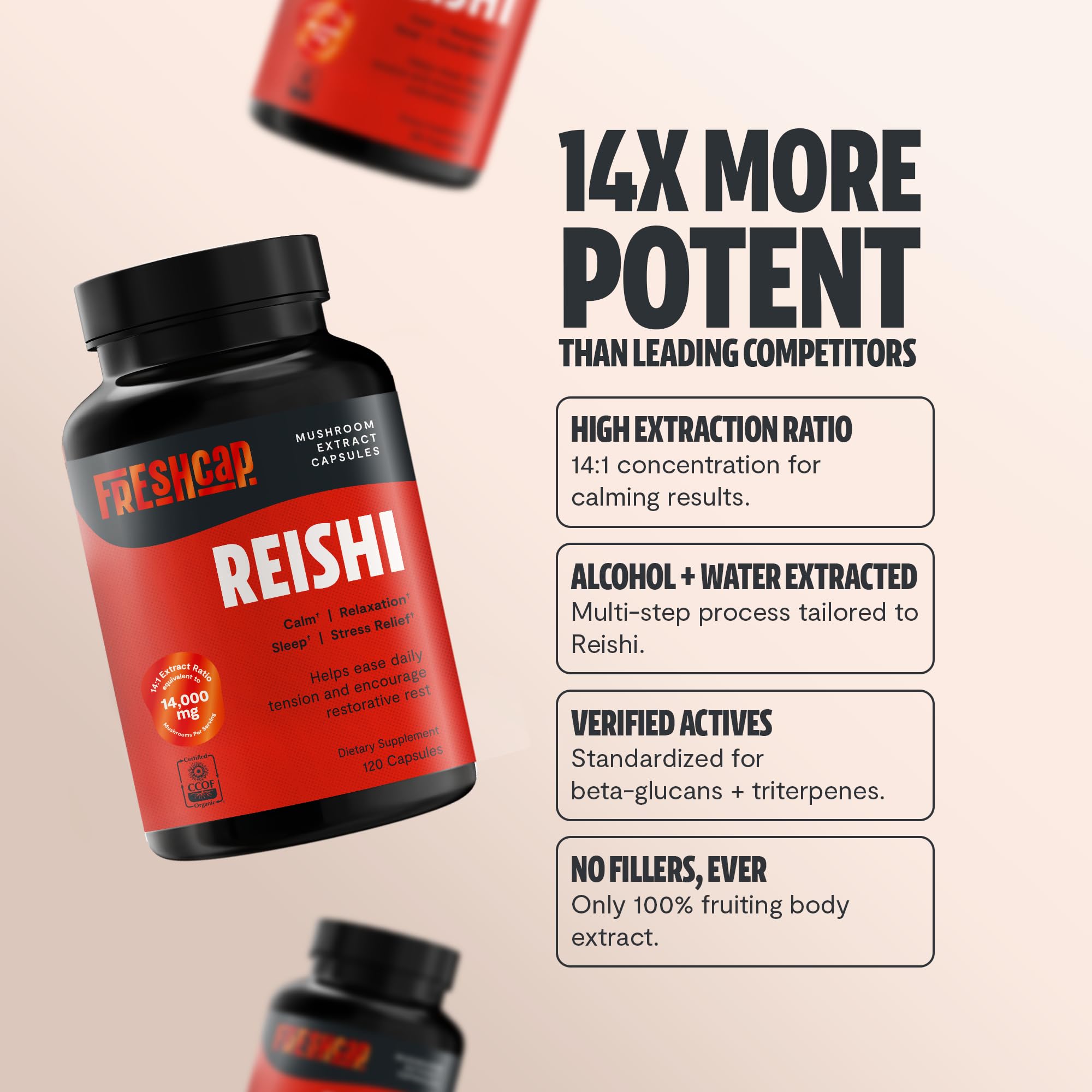 FreshCap Reishi - Emballage clair avec informations d’origine et pureté.
