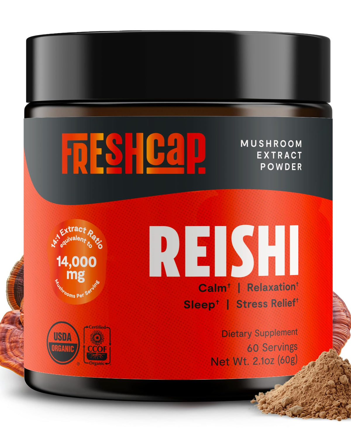 FreshCap Mushrooms Reishi poudre bio, vue du flacon, pour un soutien quotidien.