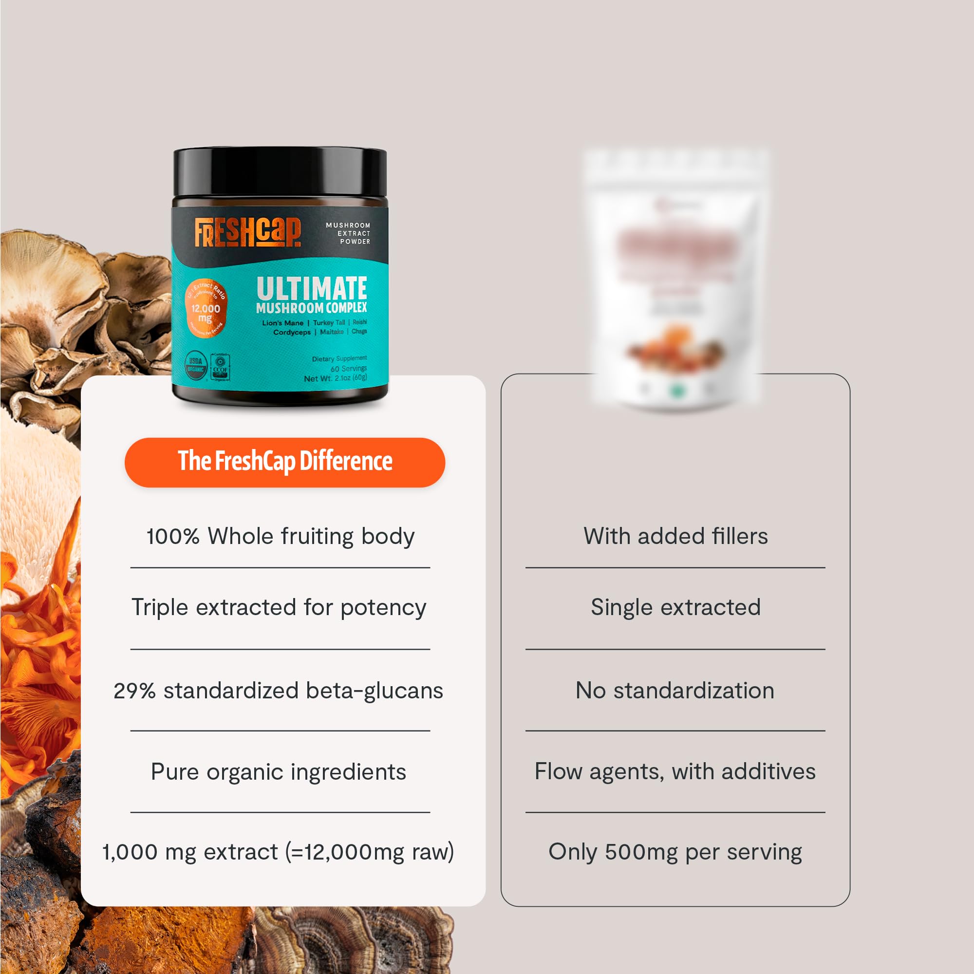 Texture fine et naturelle de la poudre FreshCap Mushrooms en gros plan.