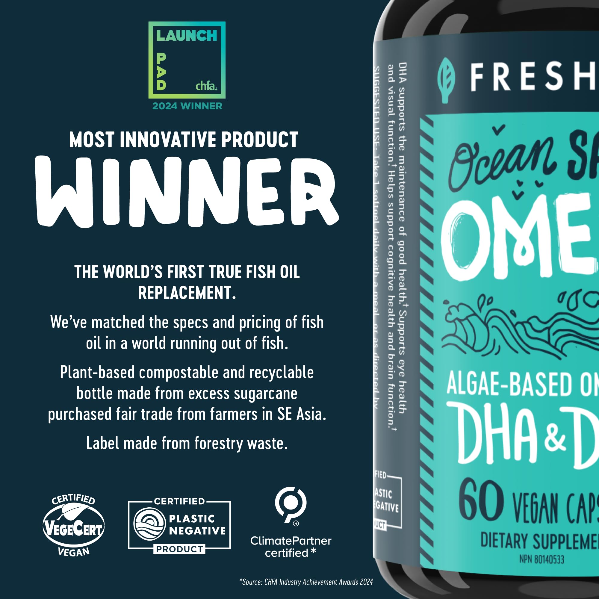 Bouteille Freshfield Omega3 en bioplastique compostable, emballage écoresponsable.