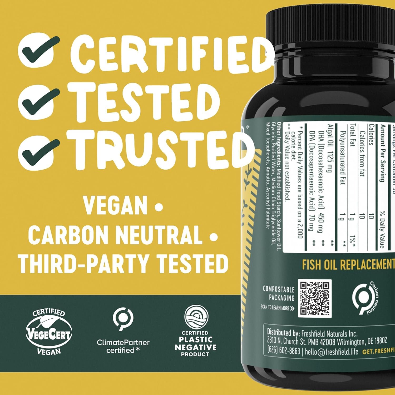 Freshfield Vegan Omega-3: étiquette claire et ingrédients d'origine naturelle.