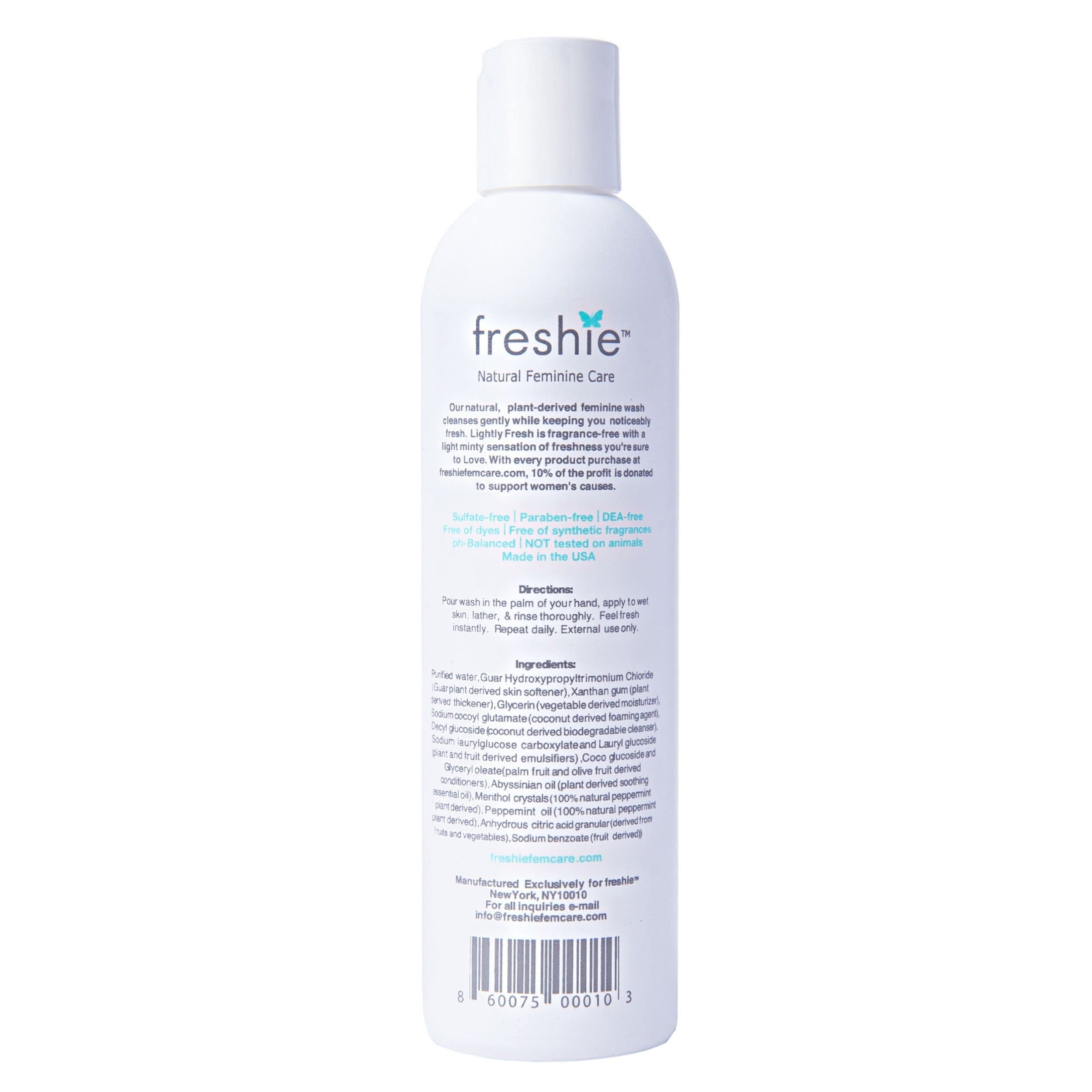 Freshie lavage féminin, étiquette sans parabènes et sans sulfates.