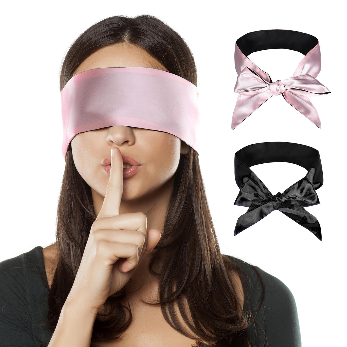 Masque yeux FRESHME satin rose et noir, ensemble pratique pour voyage et repos.