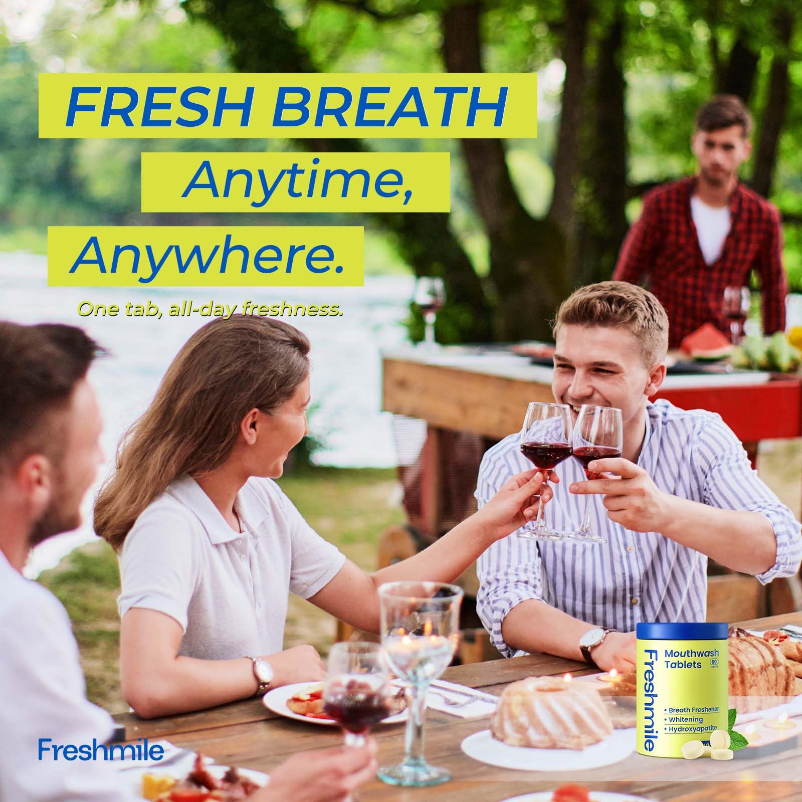 Freshmile pastilles dentaires prêtes à utiliser, format compact, menthe rafraîchissante.