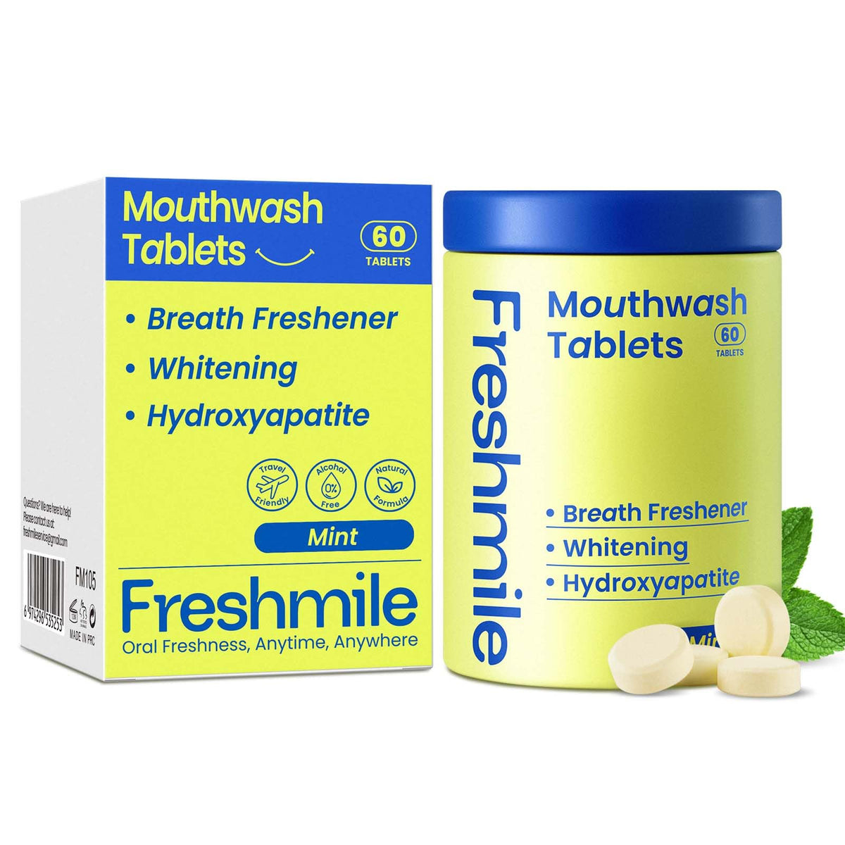 Freshmile pastilles dentaires voyage, fraîcheur instantanée en déplacement, menthe.