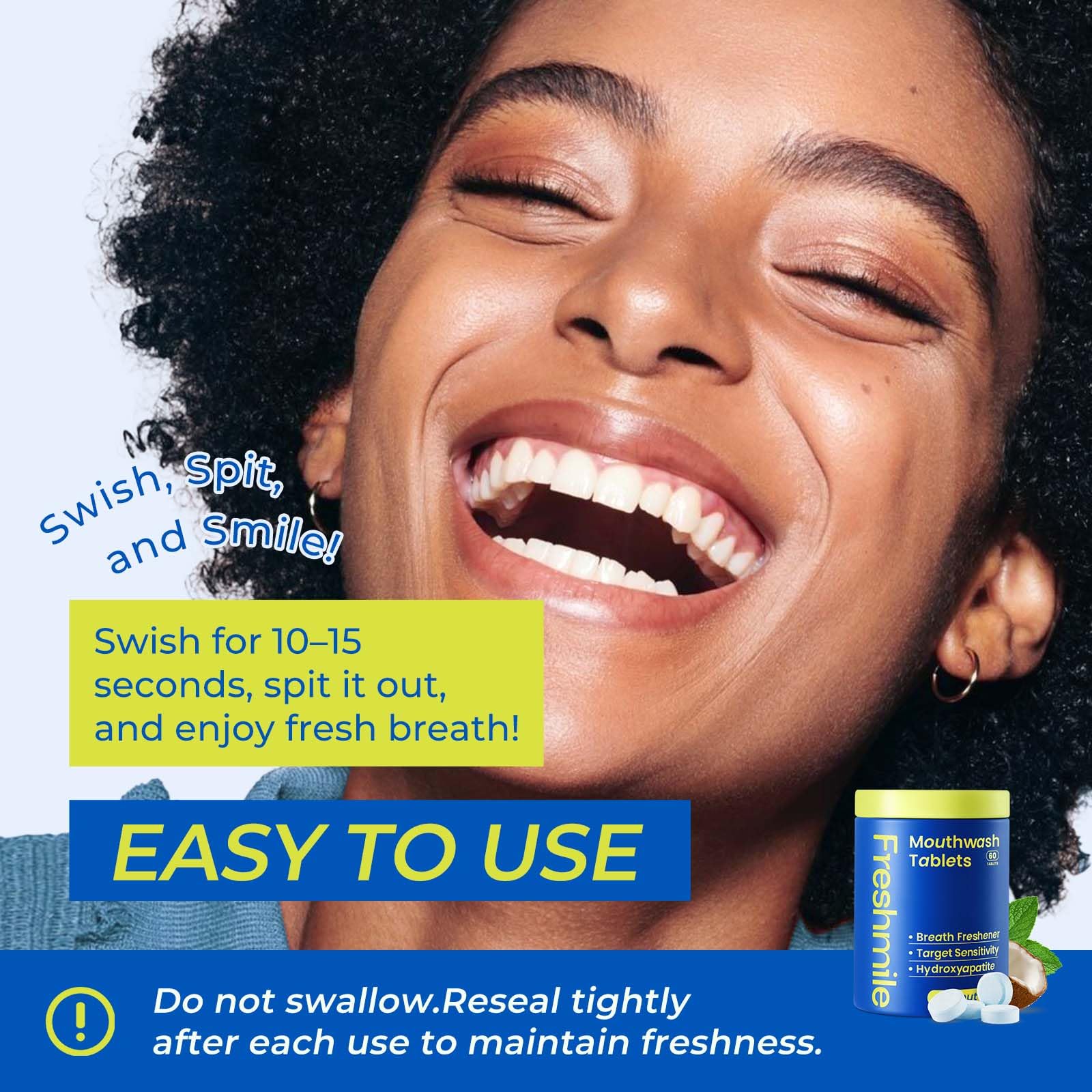 Freshmile tablettes dentifrice arôme coco pour une sensation rafraîchissante après chaque utilisation.