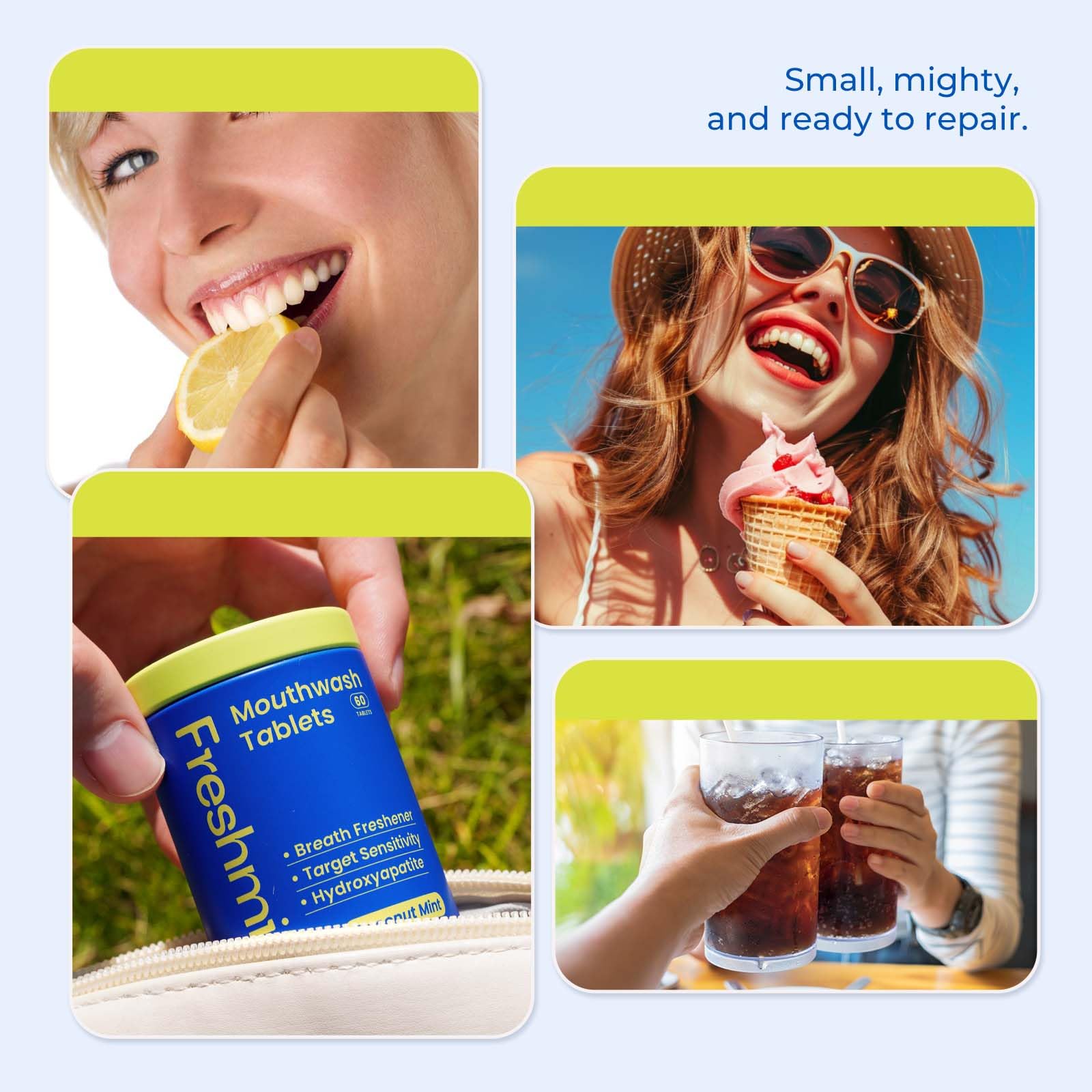 Freshmile tablettes dentifrice nano-hydroxyapatite pour reminéralisation légère et sourire éclatant.
