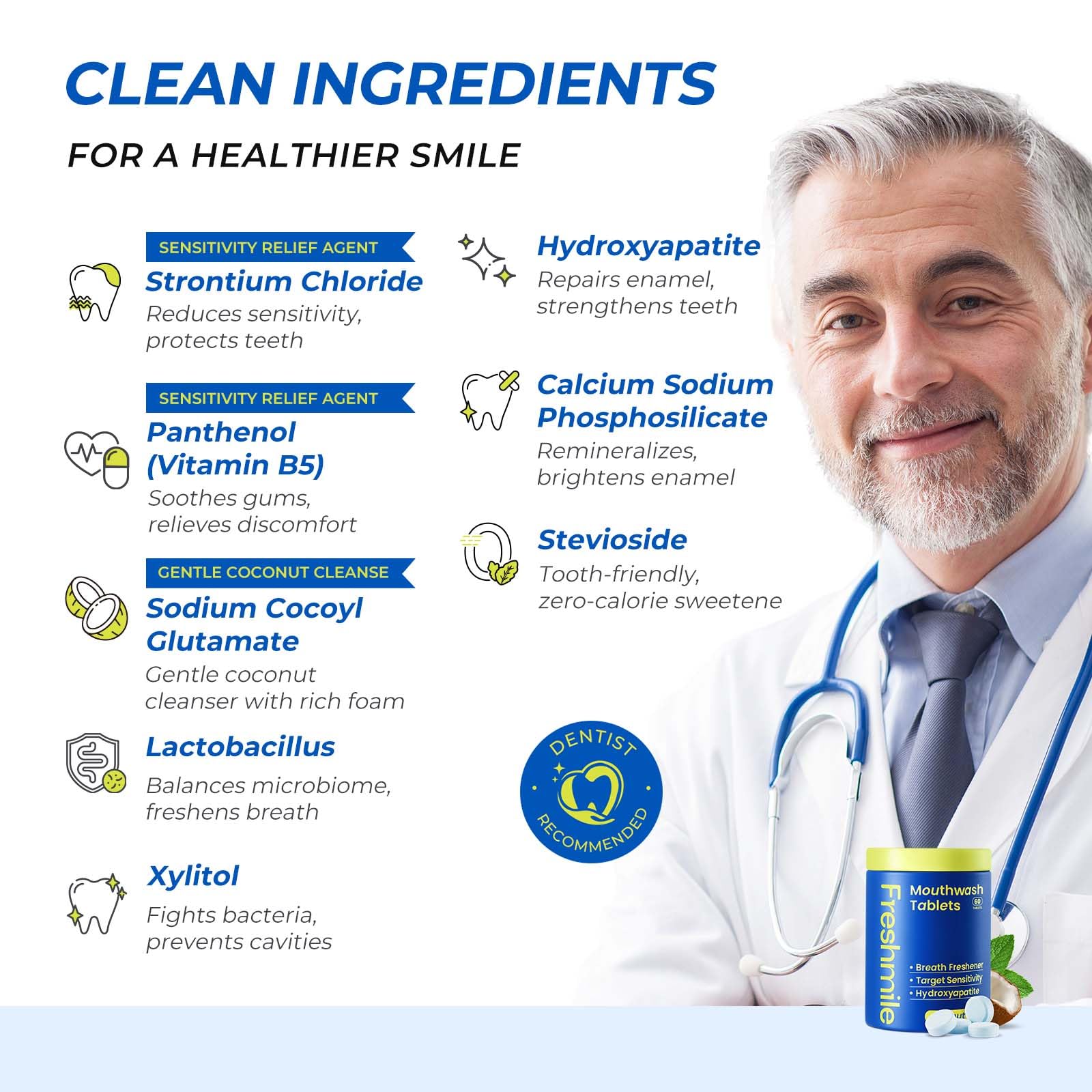 Freshmile tablettes dentifrice xylitol pour neutraliser les odeurs et haleine durable.