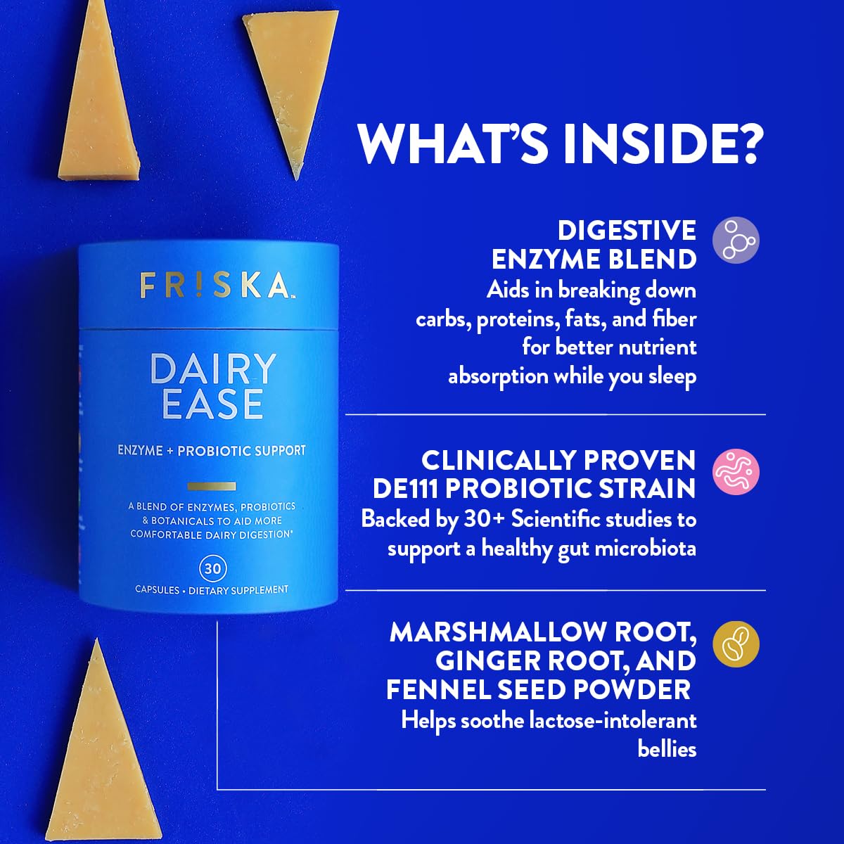 FRISKA Dairy Ease: gros plan sur les capsules et leur aide digestive.