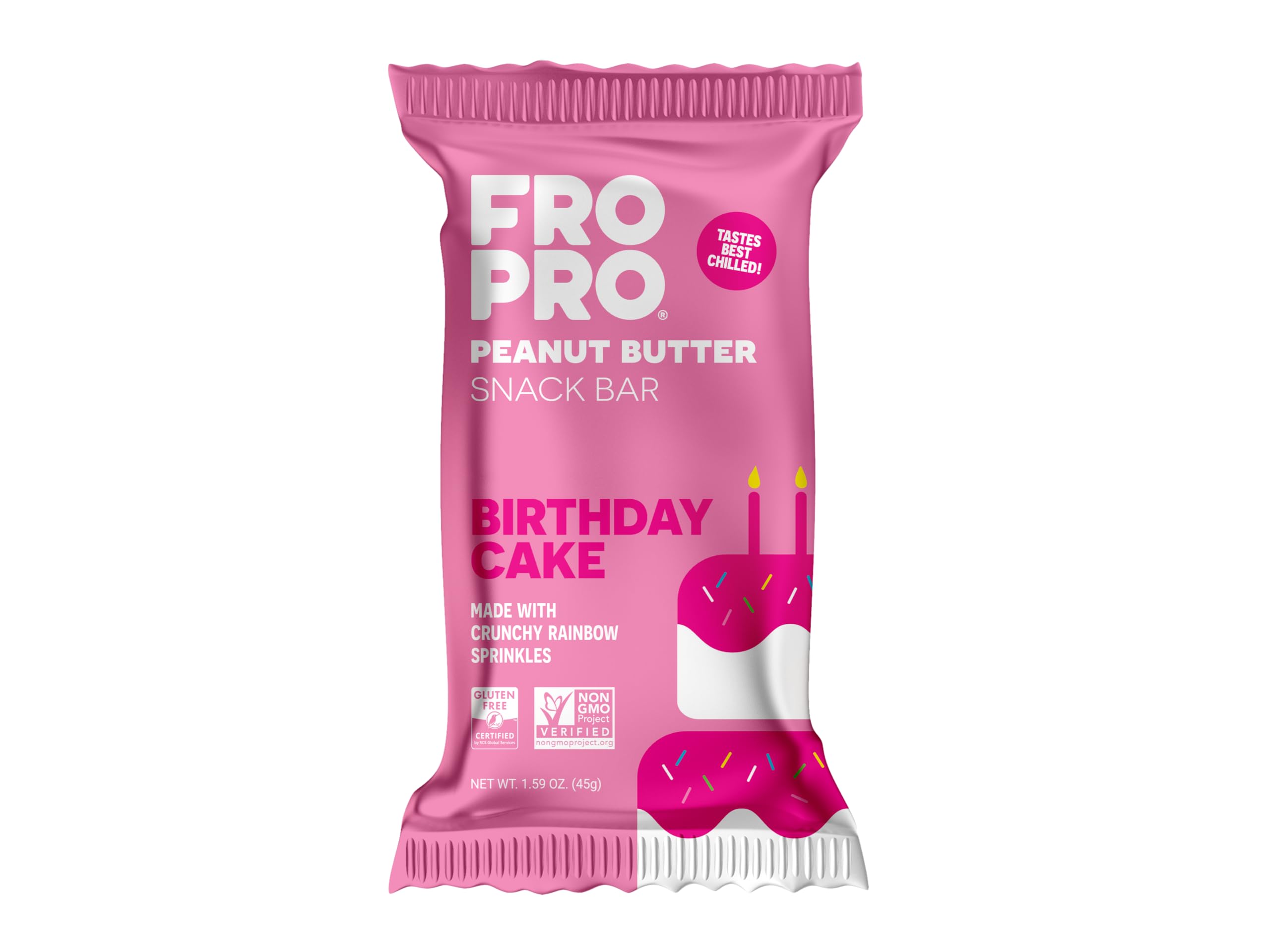 Barre Fro Pro protéinée végétale au goût gâteau-anniversaire avec emballage individuel.