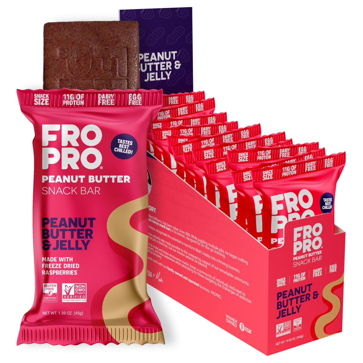 Barre FRO PRO PB et confiture, emballage individuel pratique pour emporter.
