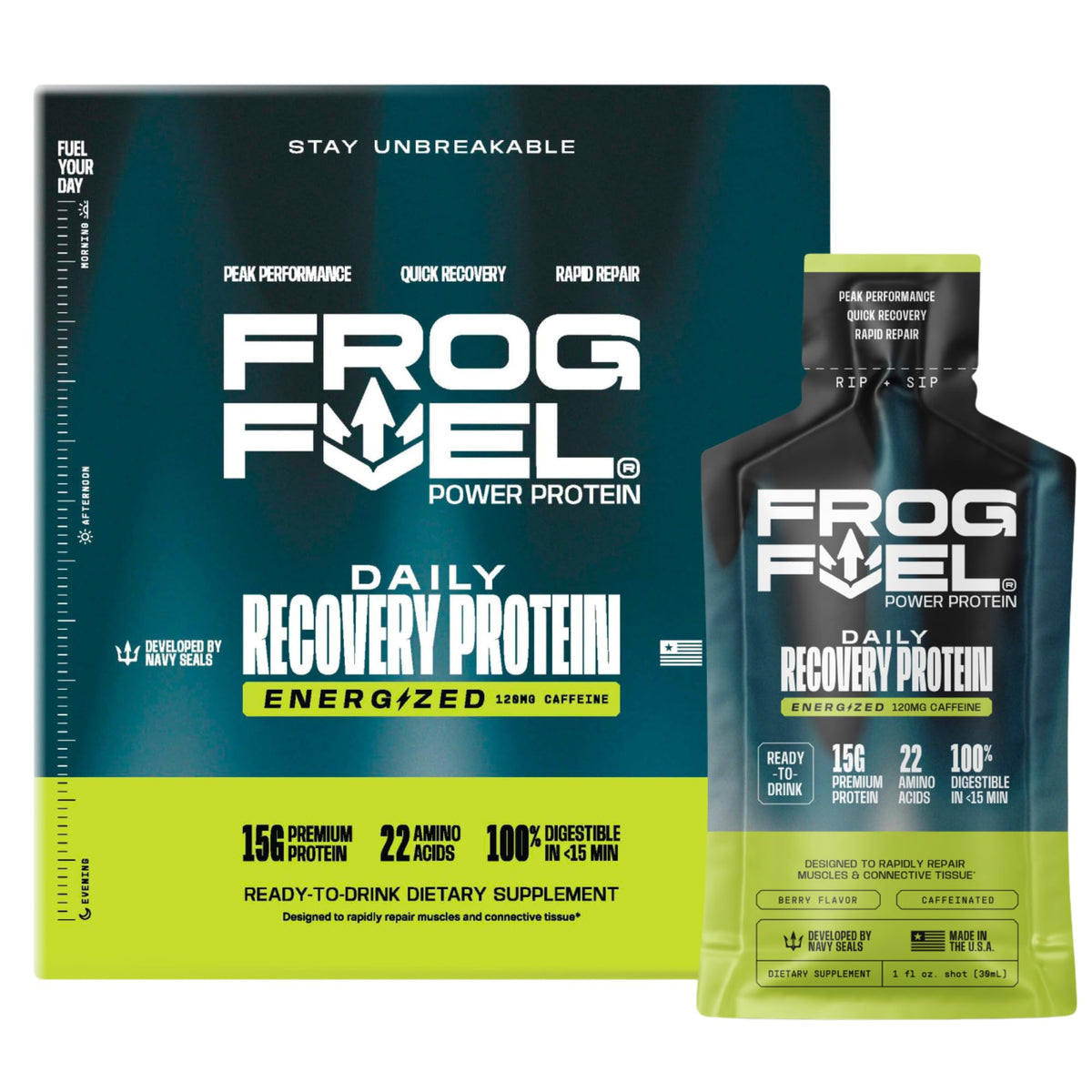Frog Fuel Shot Berry emballage Berry: goût fruits des bois et praticité prête à emporter.