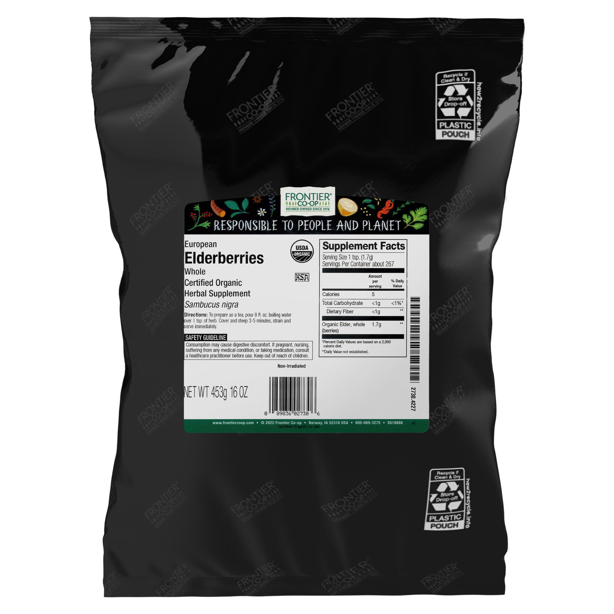 Baies de sureau sèches Frontier Co-op dans leur emballage, parfaites pour infusions et desserts.