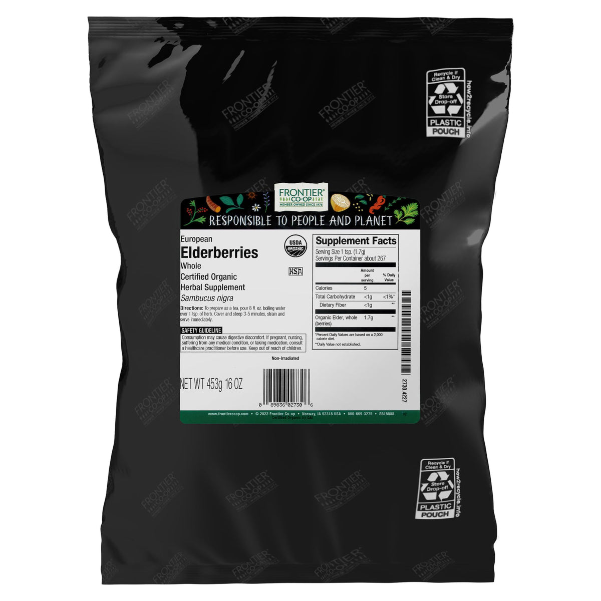 Baies de sureau sèches Frontier Co-op dans leur emballage, parfaites pour infusions et desserts.