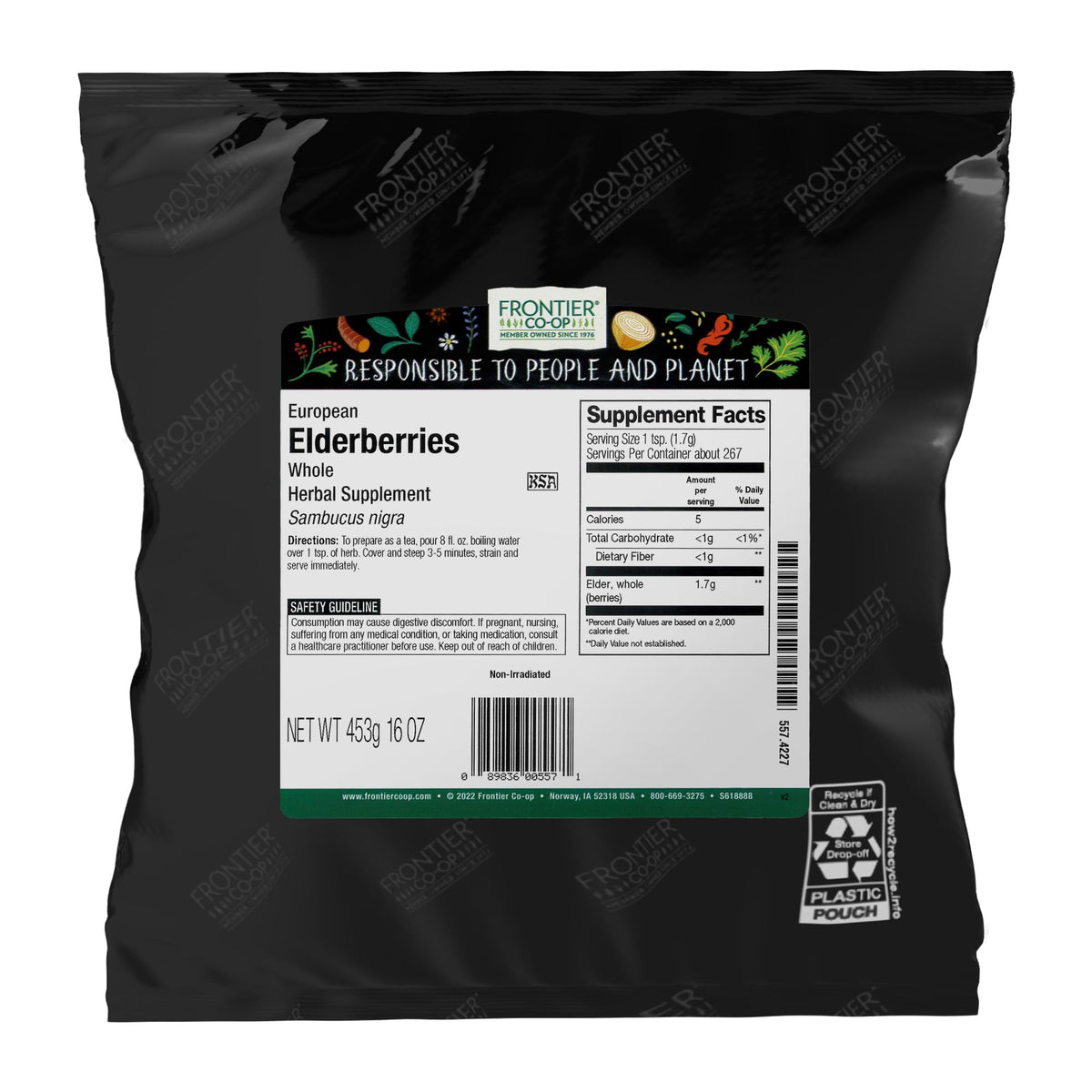 Frontier Co-op baies de sureau européennes séchées, couleur violette intense, parfaites pour infusions.