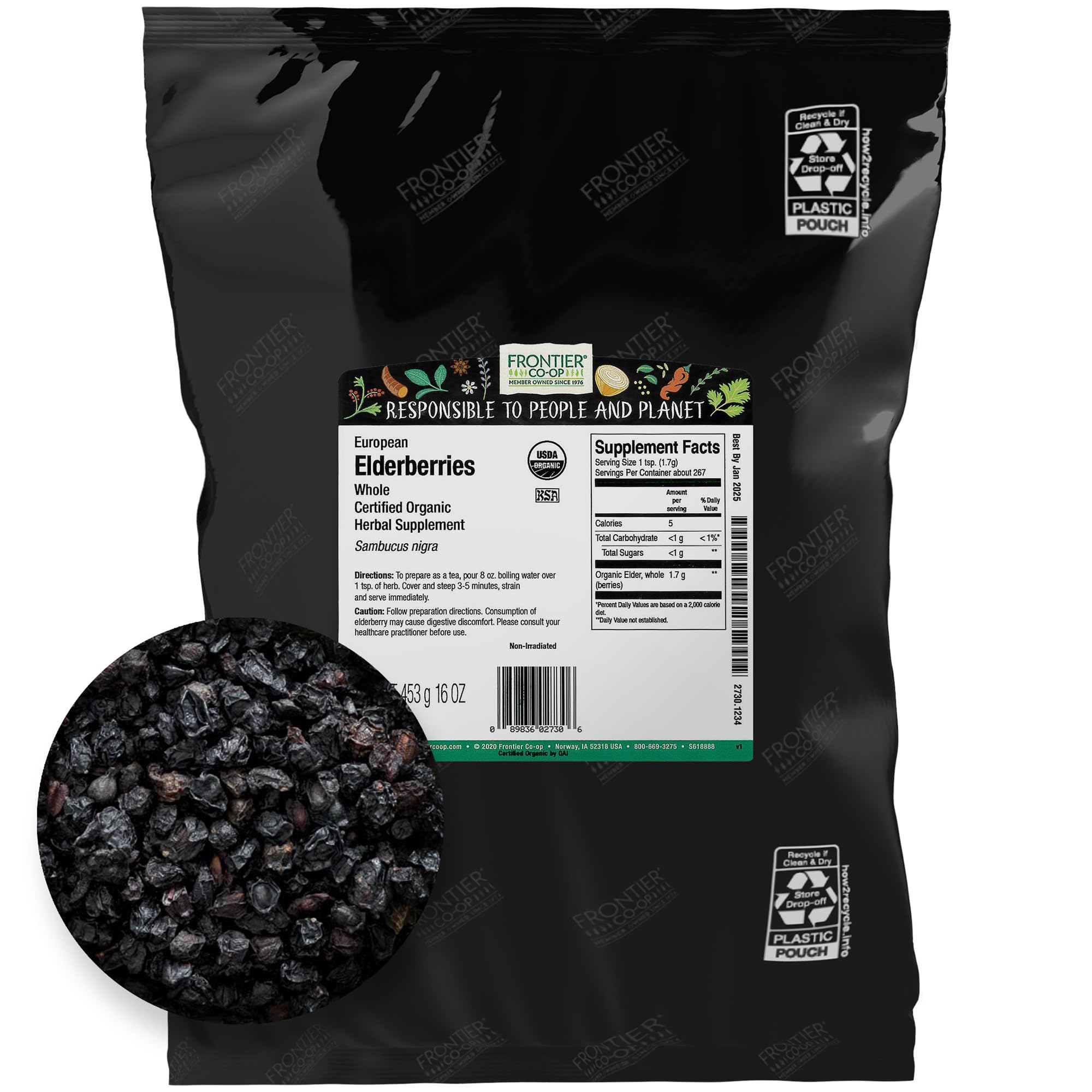 Baies de sureau noir Frontier Co-op séchées prêtes à infuser dans une tisane aromatique