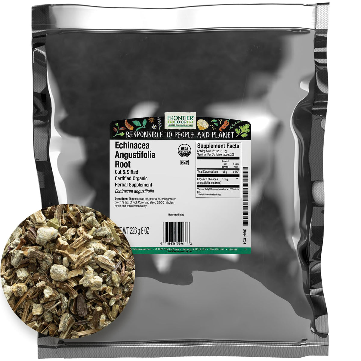 Racine echinacee Angustifolia Frontier Co-op, coupée et tamisée, idéale pour infusion et usage domestique.