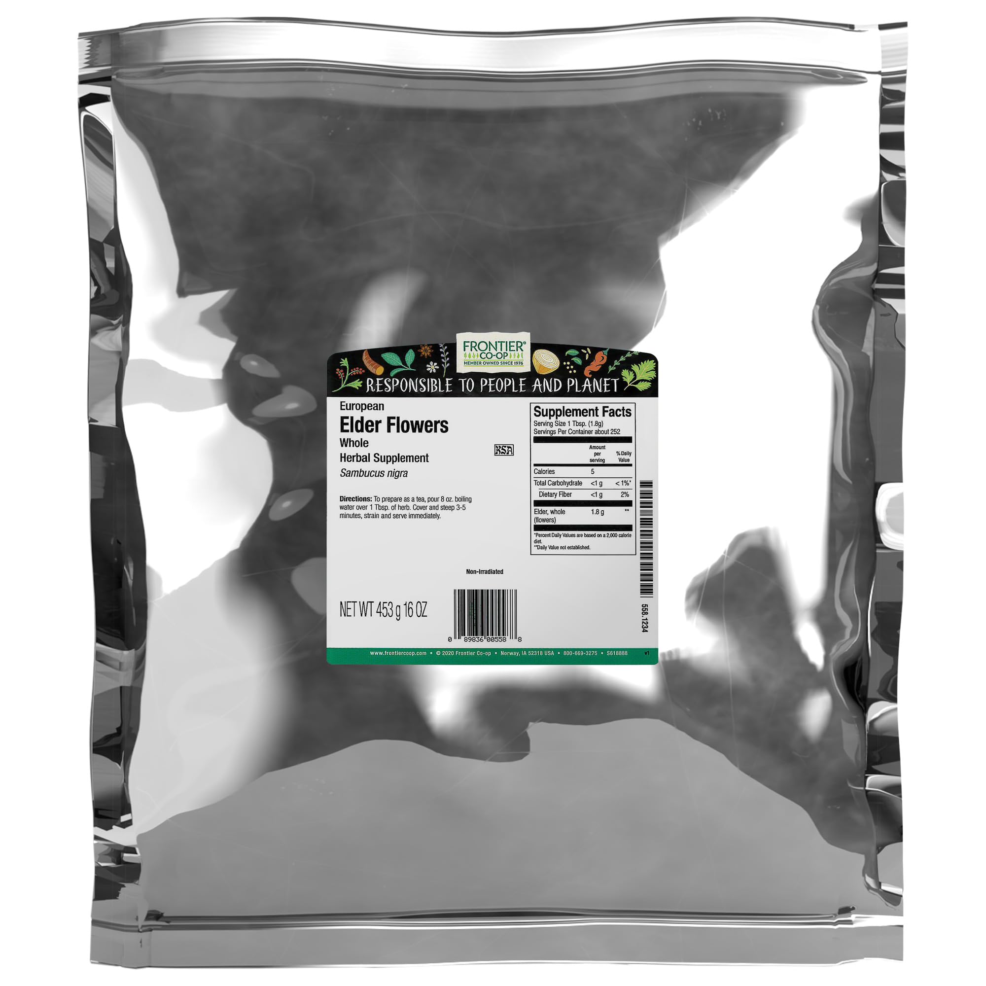 Frontier Co-op fleurs de sureau sèches, idéales pour thé et infusions aromatiques.