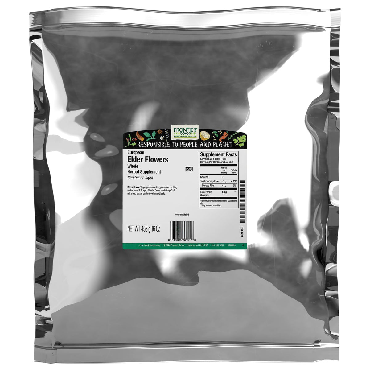 Frontier Co-op fleurs de sureau sèches, idéales pour thé et infusions aromatiques.