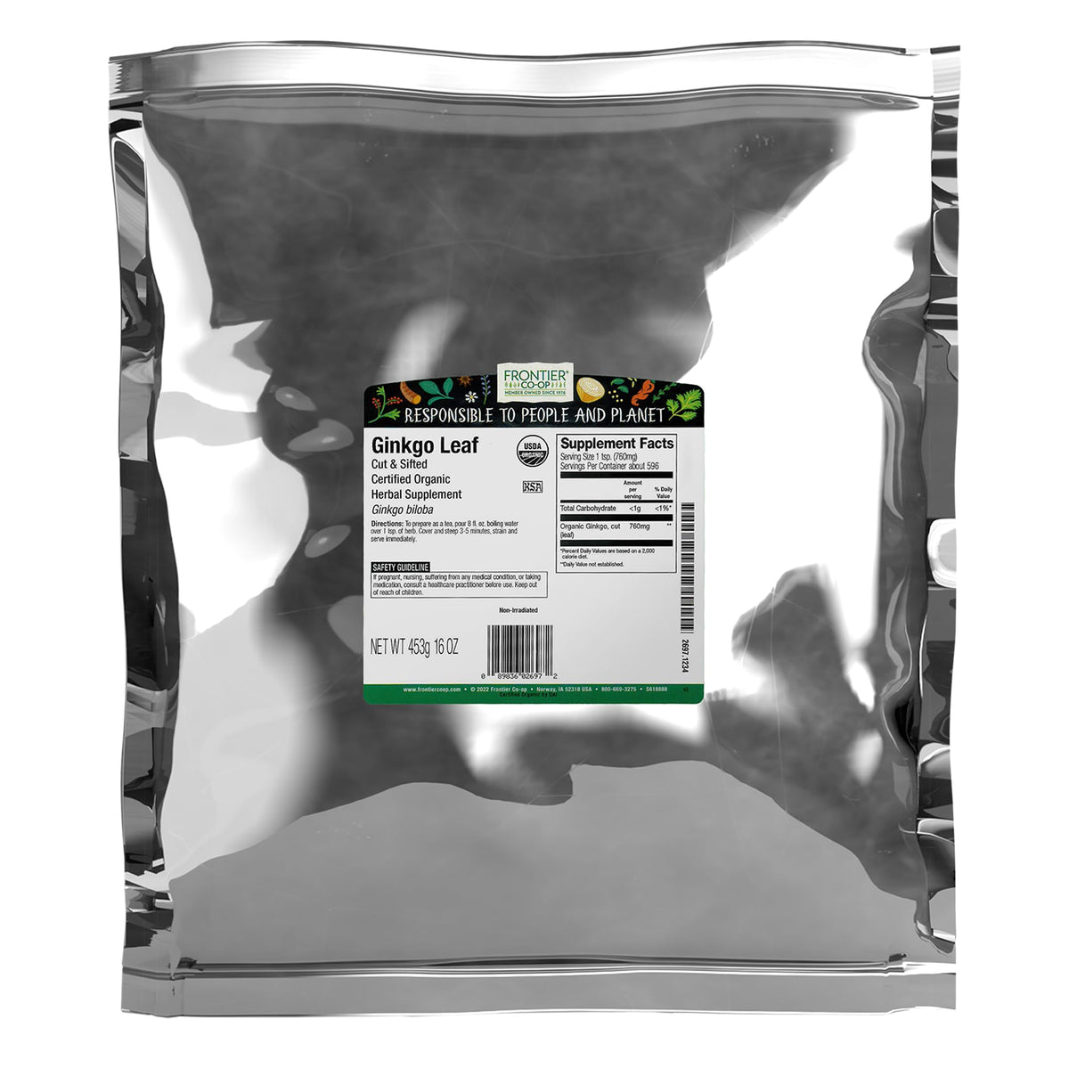 Ginkgo Frontier Co-op, feuille bio coupée et tamisée, infusion facile et saveur équilibrée.