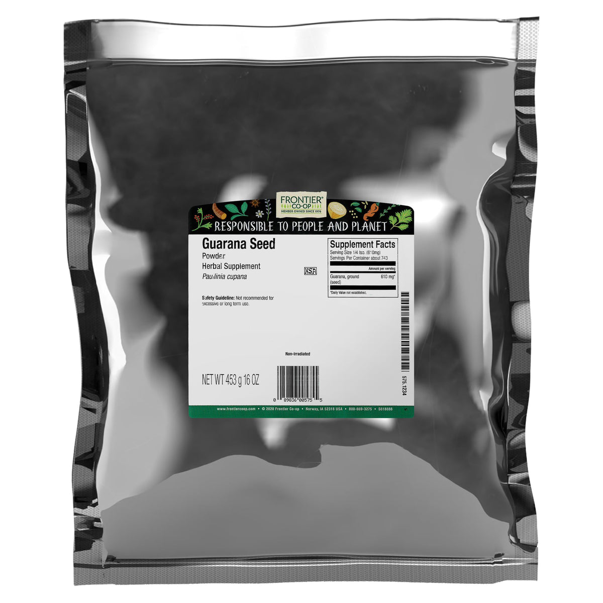 Frontier Co-op Guarana Poudre dans son sac de 1 livre, énergie durable pour boissons.