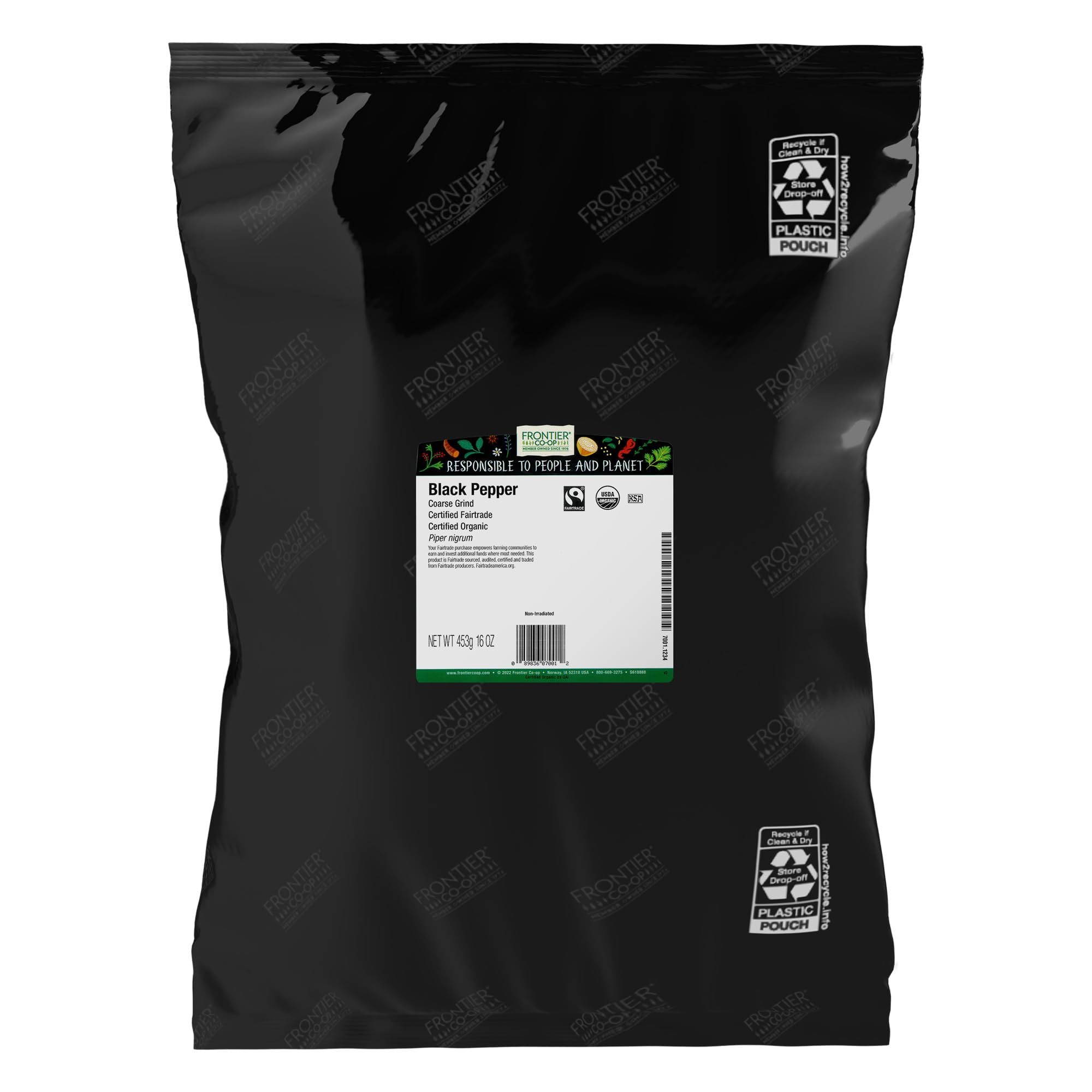 Poivre noir Frontier Co-op bio, mouture grosse, idéal pour sauces riches.