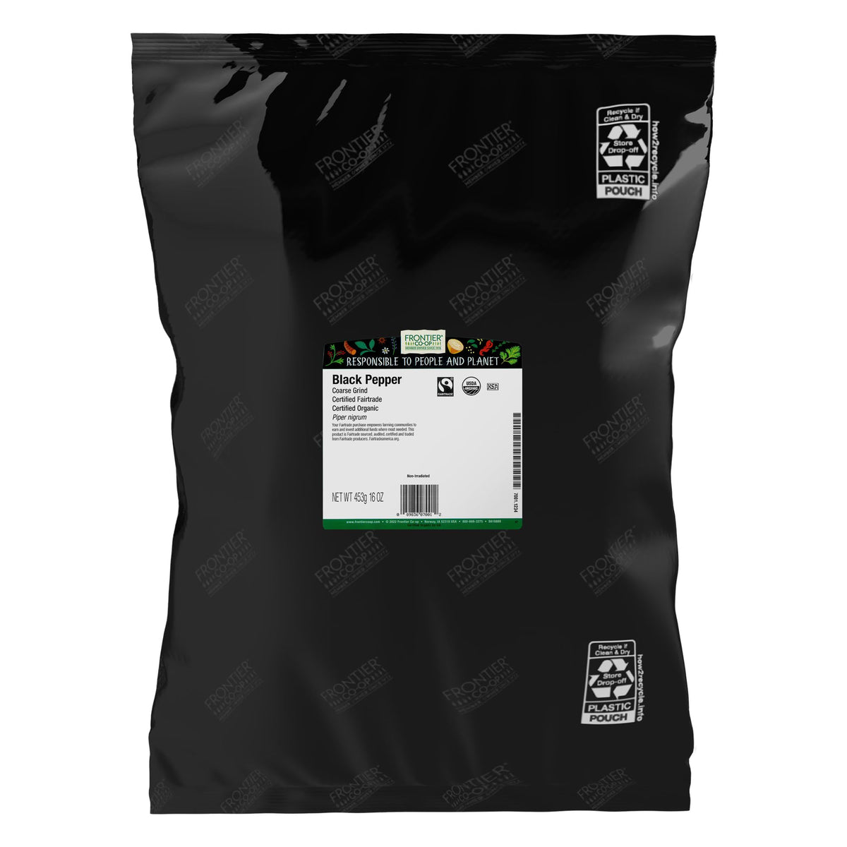 Poivre noir Frontier Co-op bio, mouture grosse, idéal pour sauces riches.