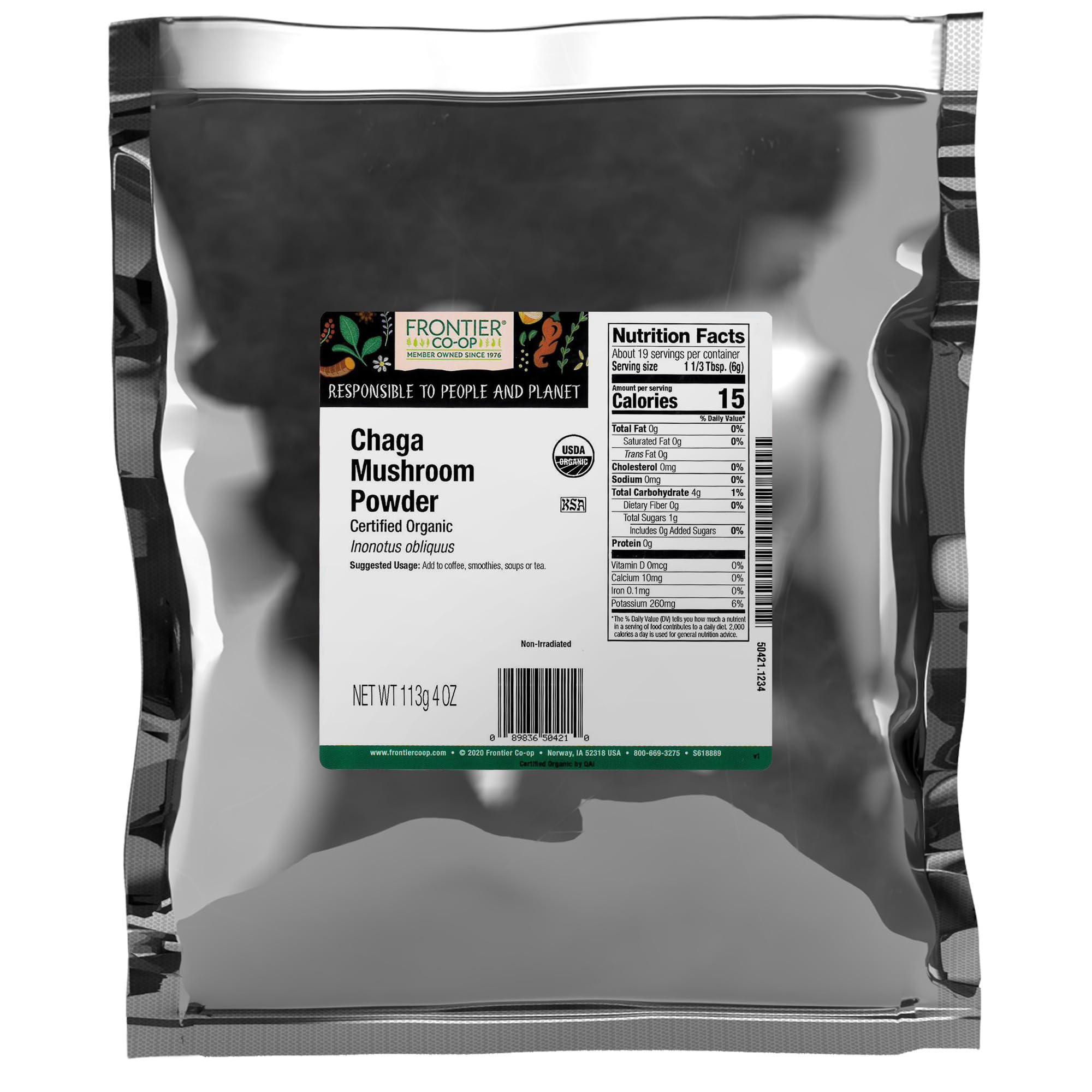 Frontier Co-op poudre-chaga-organique – idéale pour infusion ou smoothie.