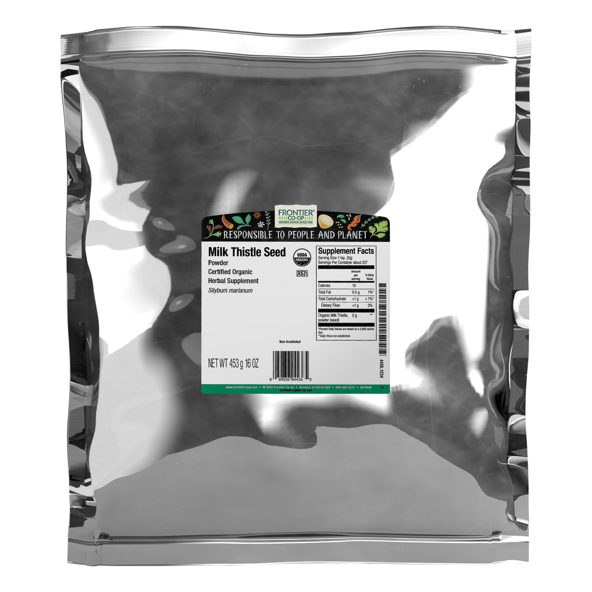 Frontier Co-op Poudre de chardon-Marie 1 lb, biologique et prête à être intégrée dans vos préparations.