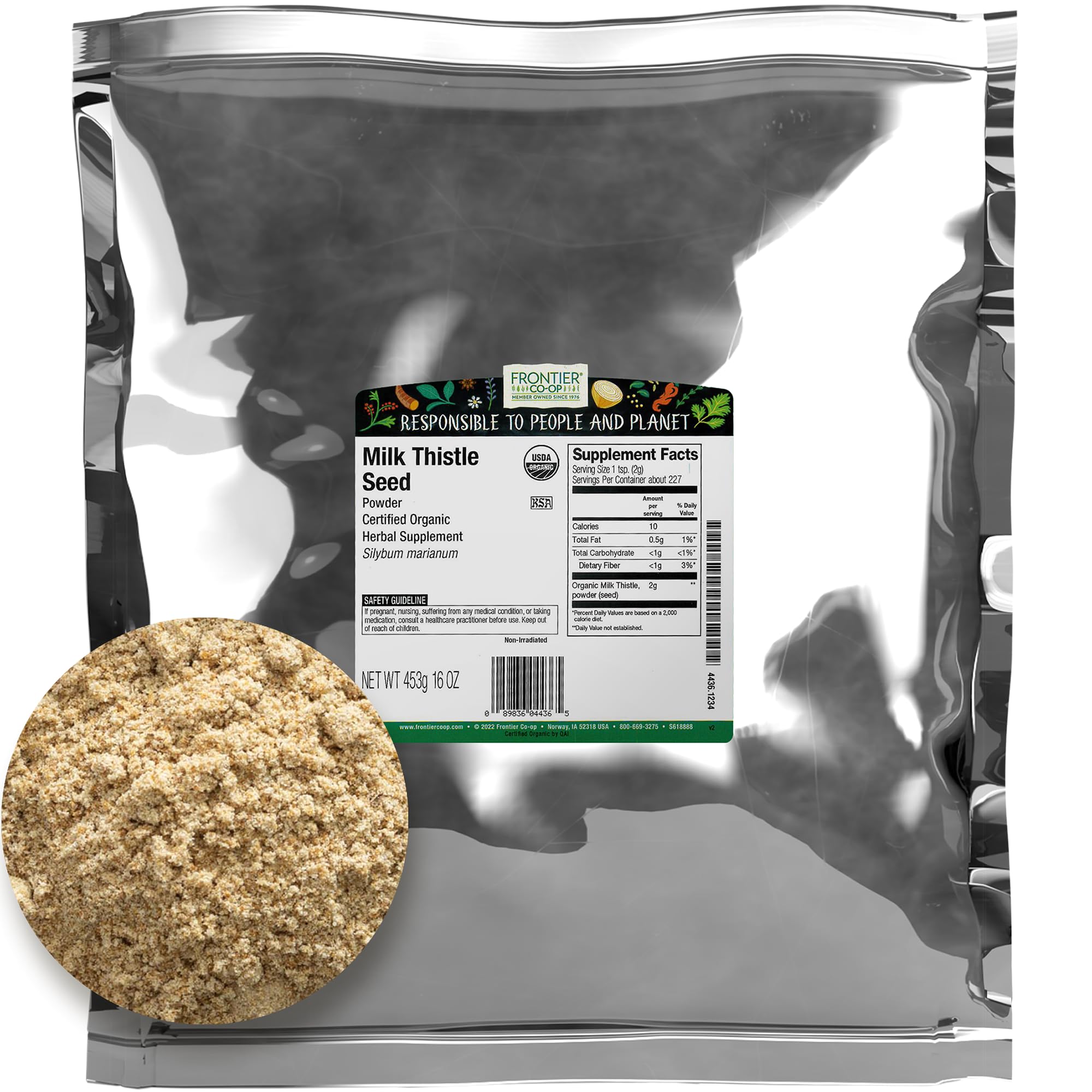 Frontier Co-op Poudre chardon-Marie en sachet vrac, idéale pour doser selon vos besoins.