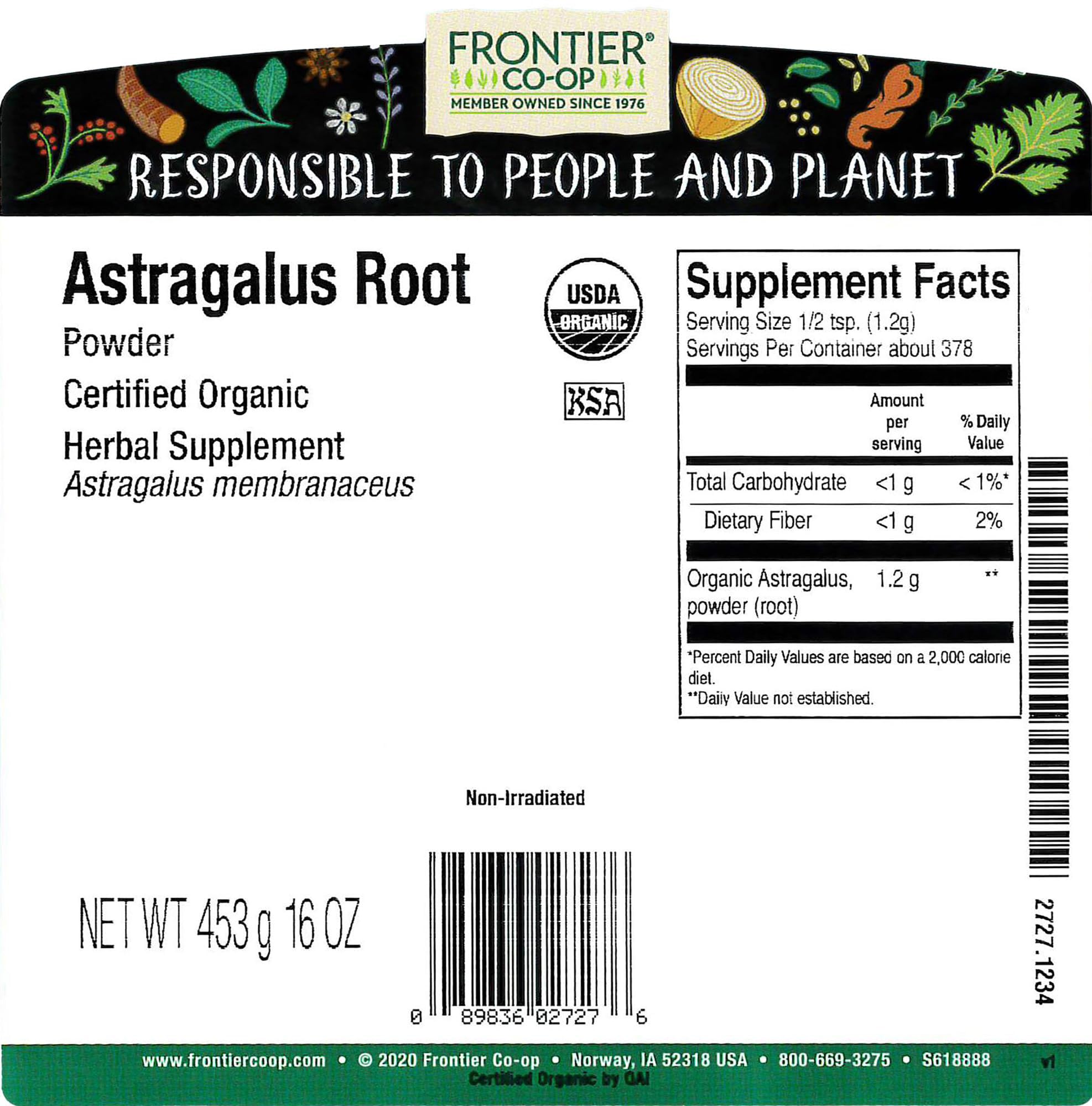 Poudre d'Astragale Frontier Co-op prête à l'emploi pour tisanes et mélanges.
