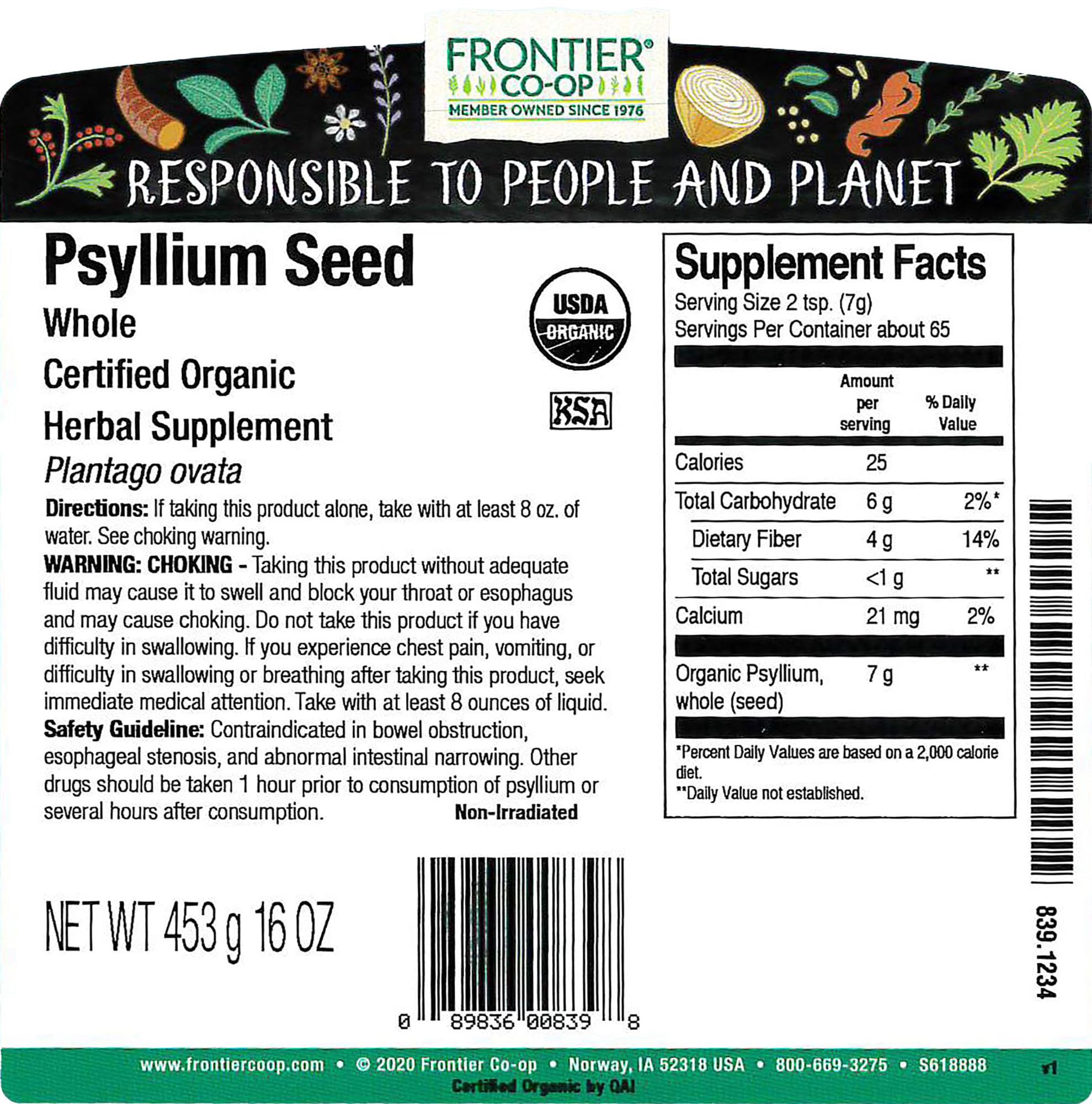 Psyllium entier biologique Frontier Co-op, paquet 1 lb, idéal pour épaissir soupes et yaourts.