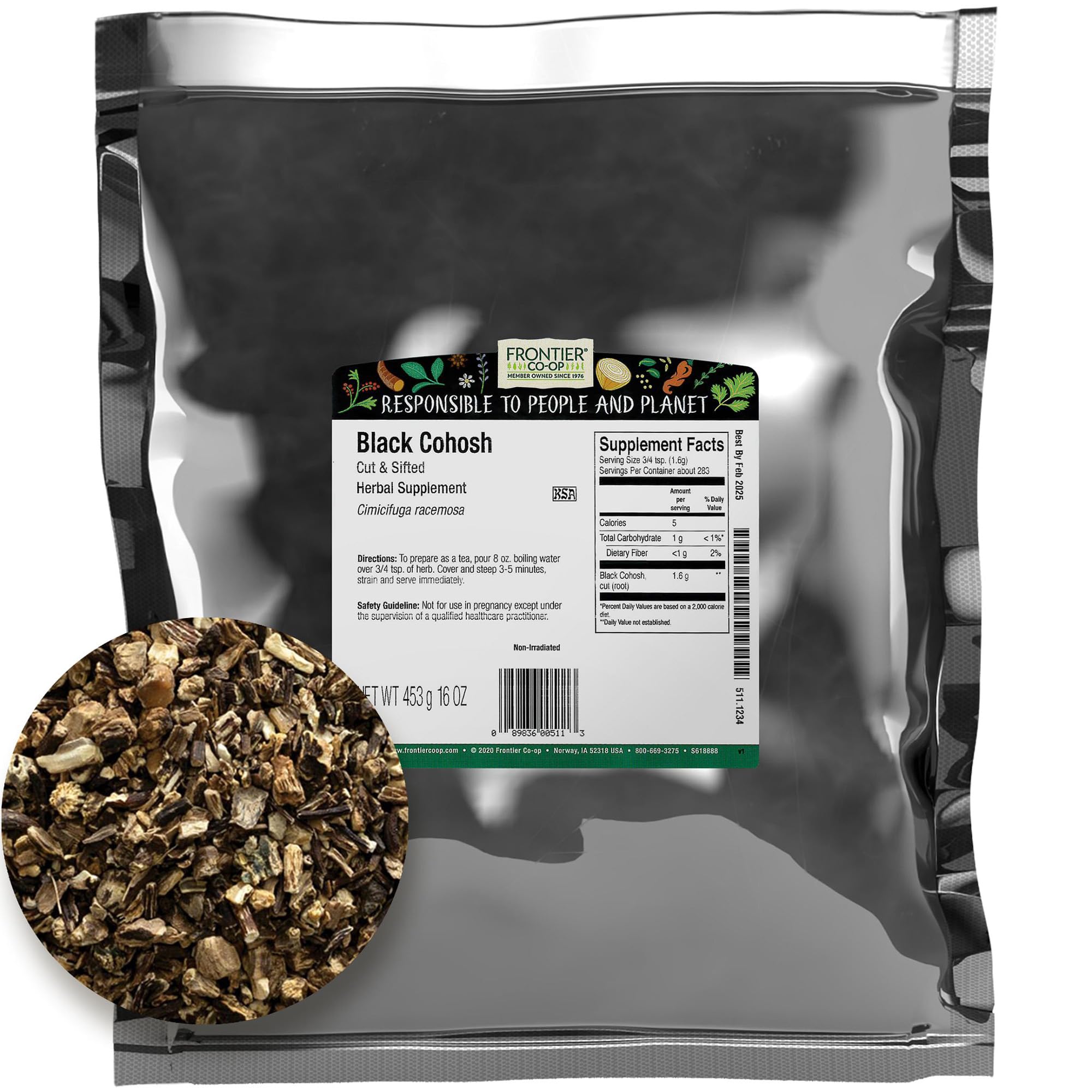 Frontier Co-op racine cohosh sauvage coupée prête à être utilisée dans des mélanges.