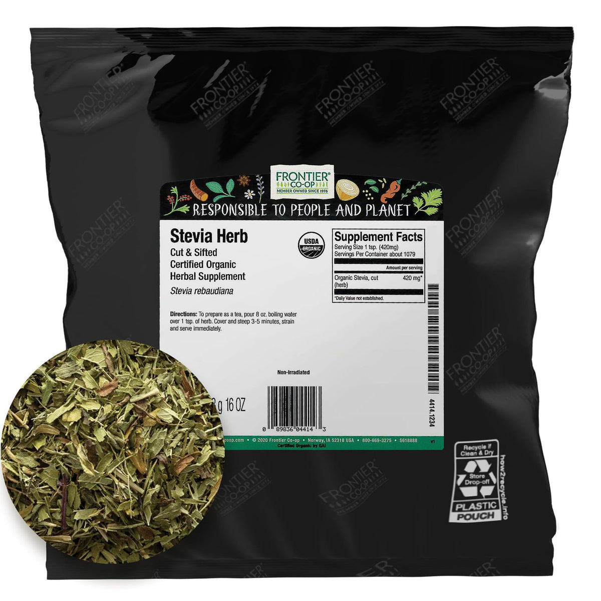 Frontier Co-op Stevia: herbe verte coupée et siftee, douceur naturelle prête à l’emploi.