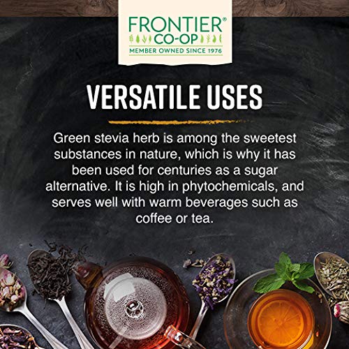 Frontier Co-op Stevia: feuilles vertes proches, texture légère idéale pour infusion rapide.