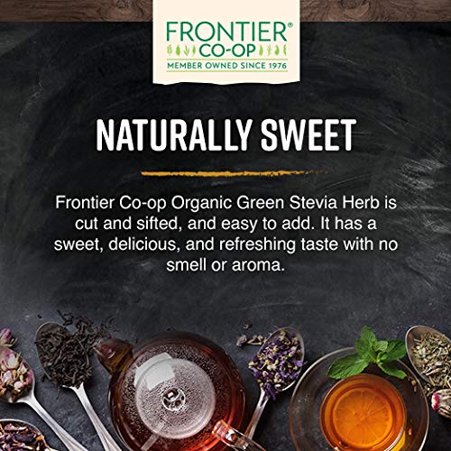 Frontier Co-op Stevia: feuilles tamisées prêtes à saupoudrer dans thés et cafés.