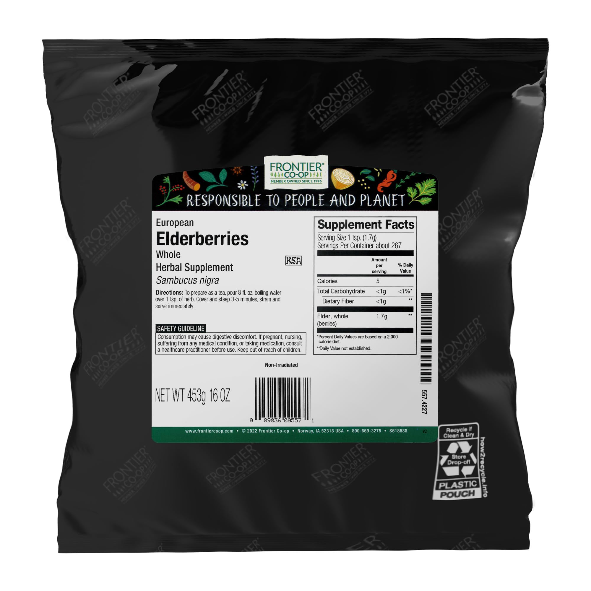 Frontier Co-op Sureau européen séché — vue du paquet, idéal pour infusions variées.