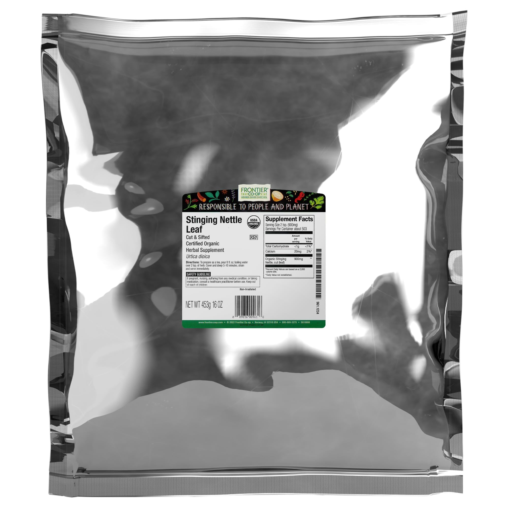 Frontier Co-op Ortie: feuilles coupées tamisées pour thé aromatique.