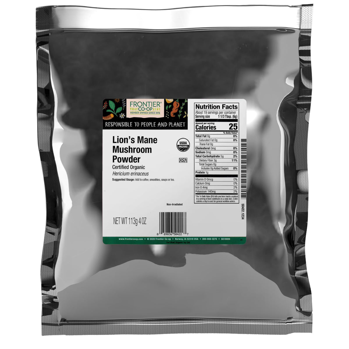 Poudre criniere de lion Frontier Co-op dans une bouteille, idéale pour cafés et smoothies