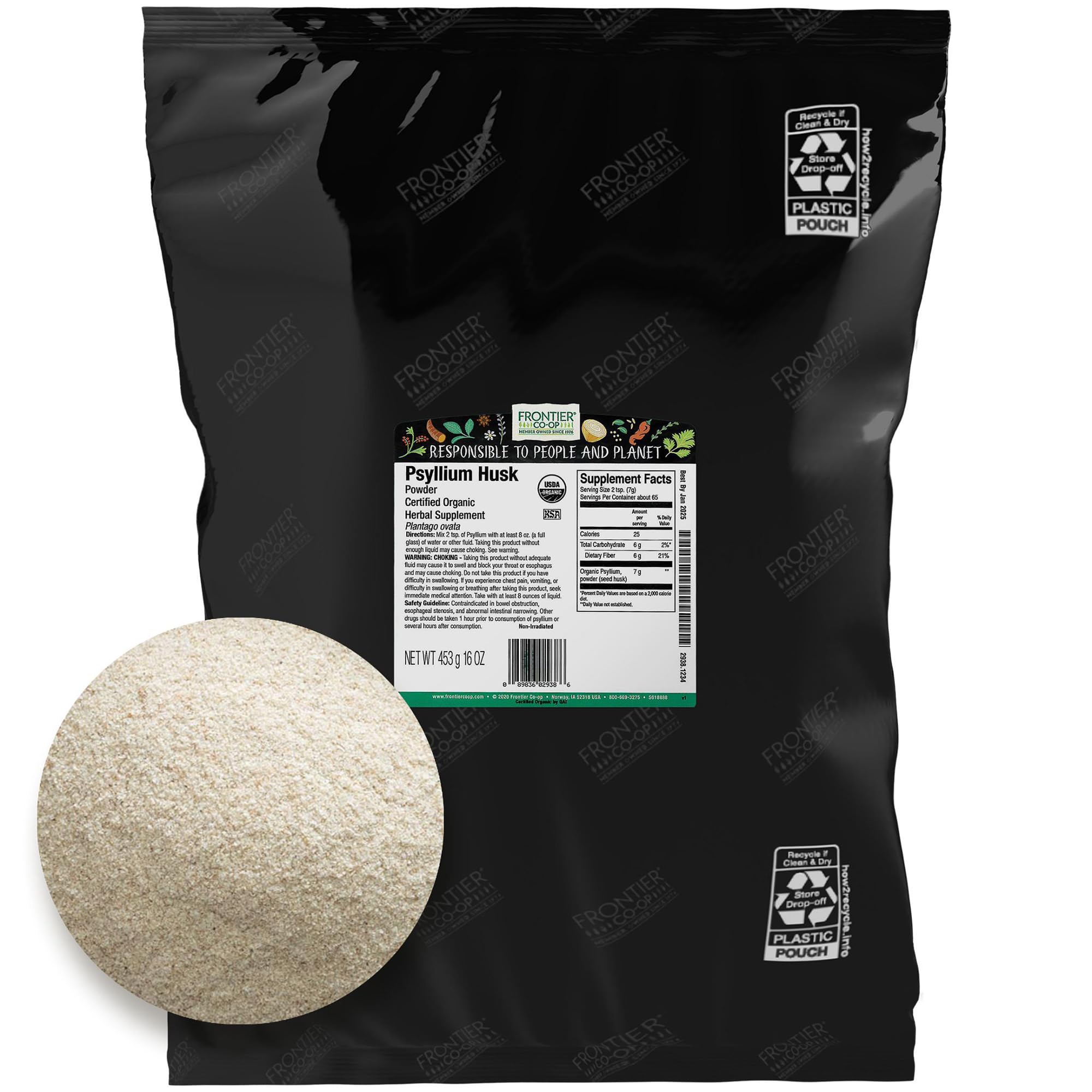 Frontier Co-op Poudre de psyllium dans l'emballage, épaississant sans altérer le goût.