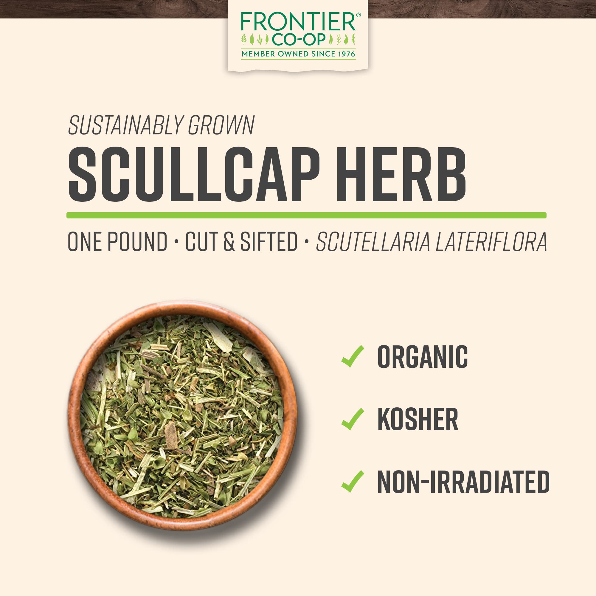 Frontier Co-op Skullcap: feuilles et fleurs sèches pour tisane apaisante.