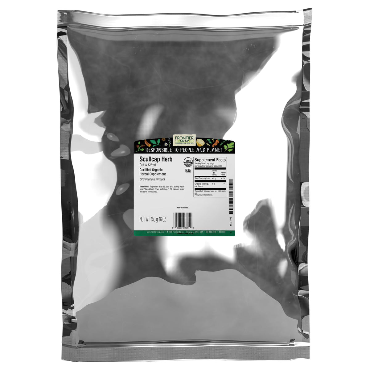 Frontier Co-op Skullcap, emballage pratique, infusez facilement votre thé relaxant bio.
