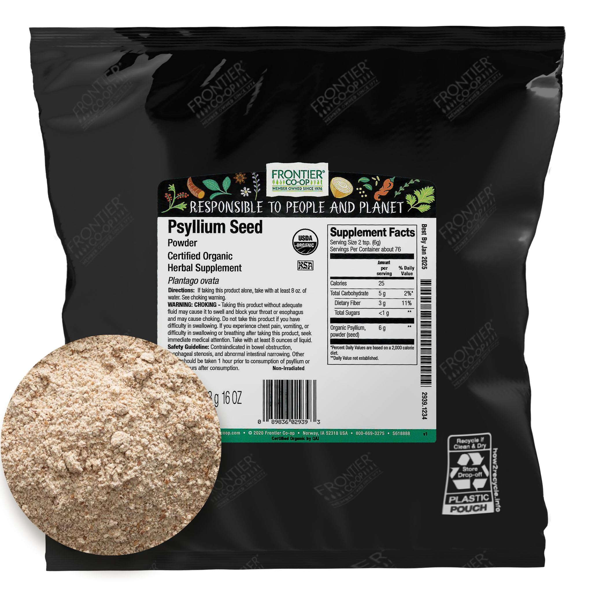 Frontier psyllium poudre graines vrac : texture fine, idéal pour épaissir smoothies.